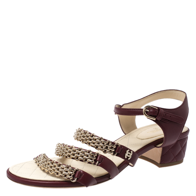 Image of Chanel Burgundy Leather Chain Ankle Strap Block Heel Sandals Size .
