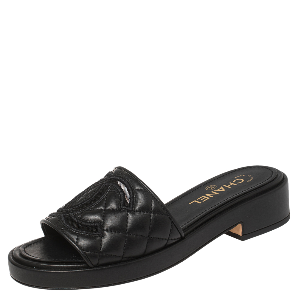Chanel Black Quilted Leather CC Flat Slides Size 38
