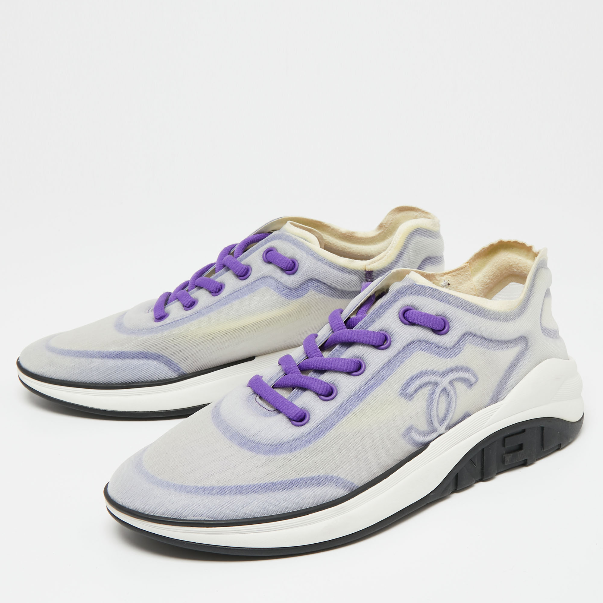 Chanel Purple/White Net And Fabric Lyrca Logo Trainers Sneakers Size 39