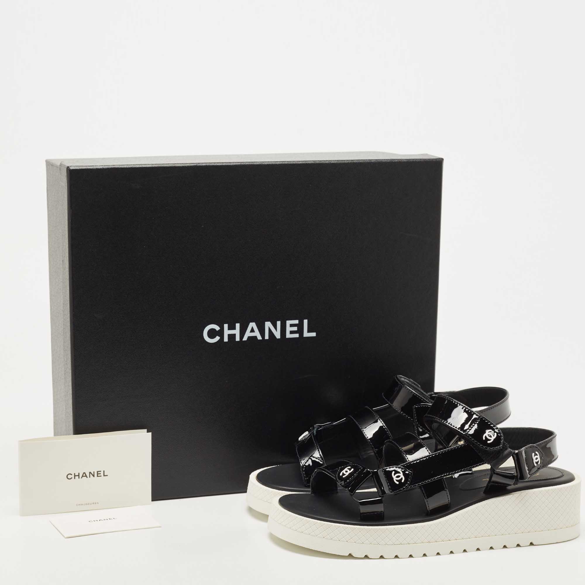 Chanel Black Patent Leather CC Velcro Strap Sandals Size 36