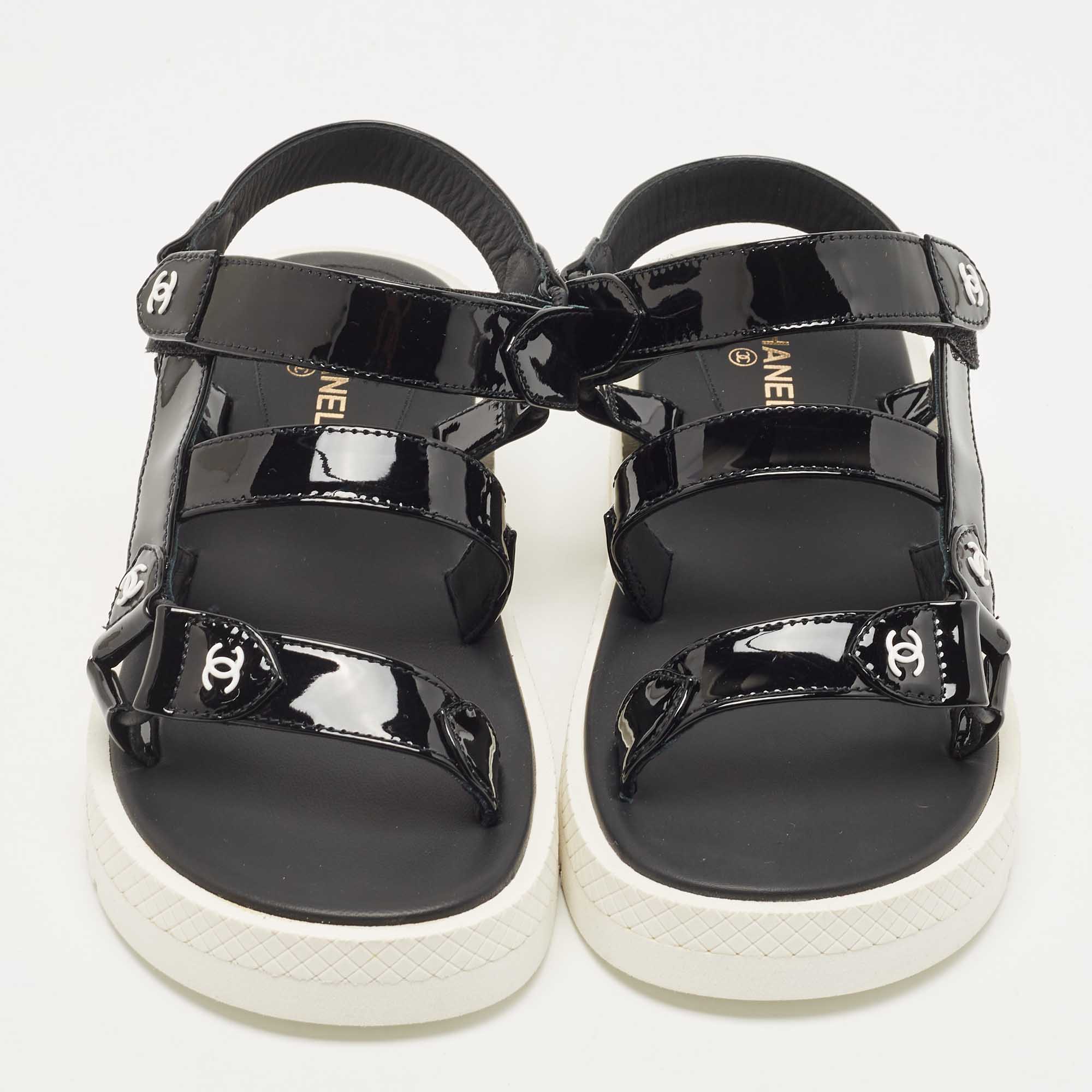 Chanel Black Patent Leather CC Velcro Strap Sandals Size 36