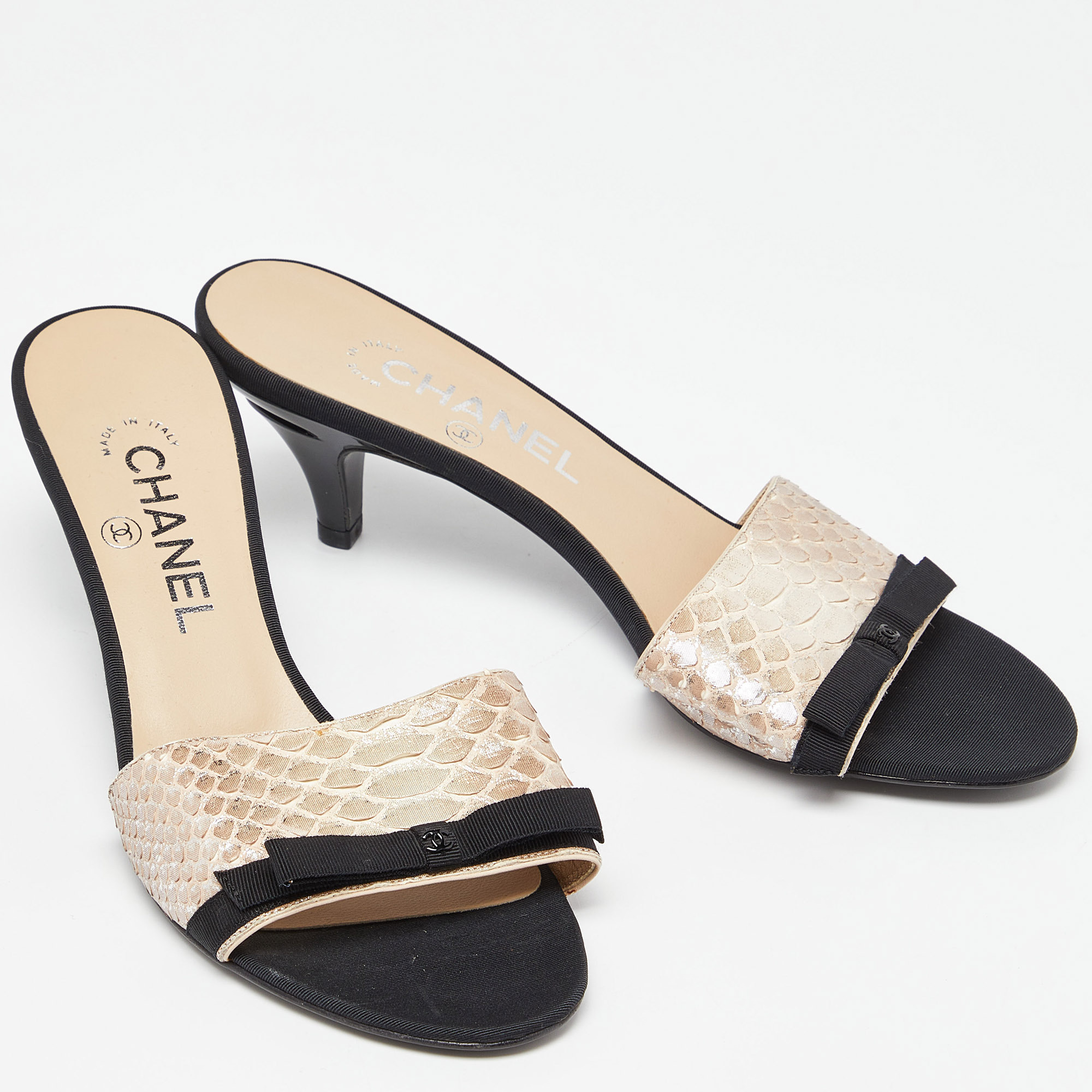 Chanel Metallic/Black Python And Fabric Bow CC Slide Sandals Size 38.5