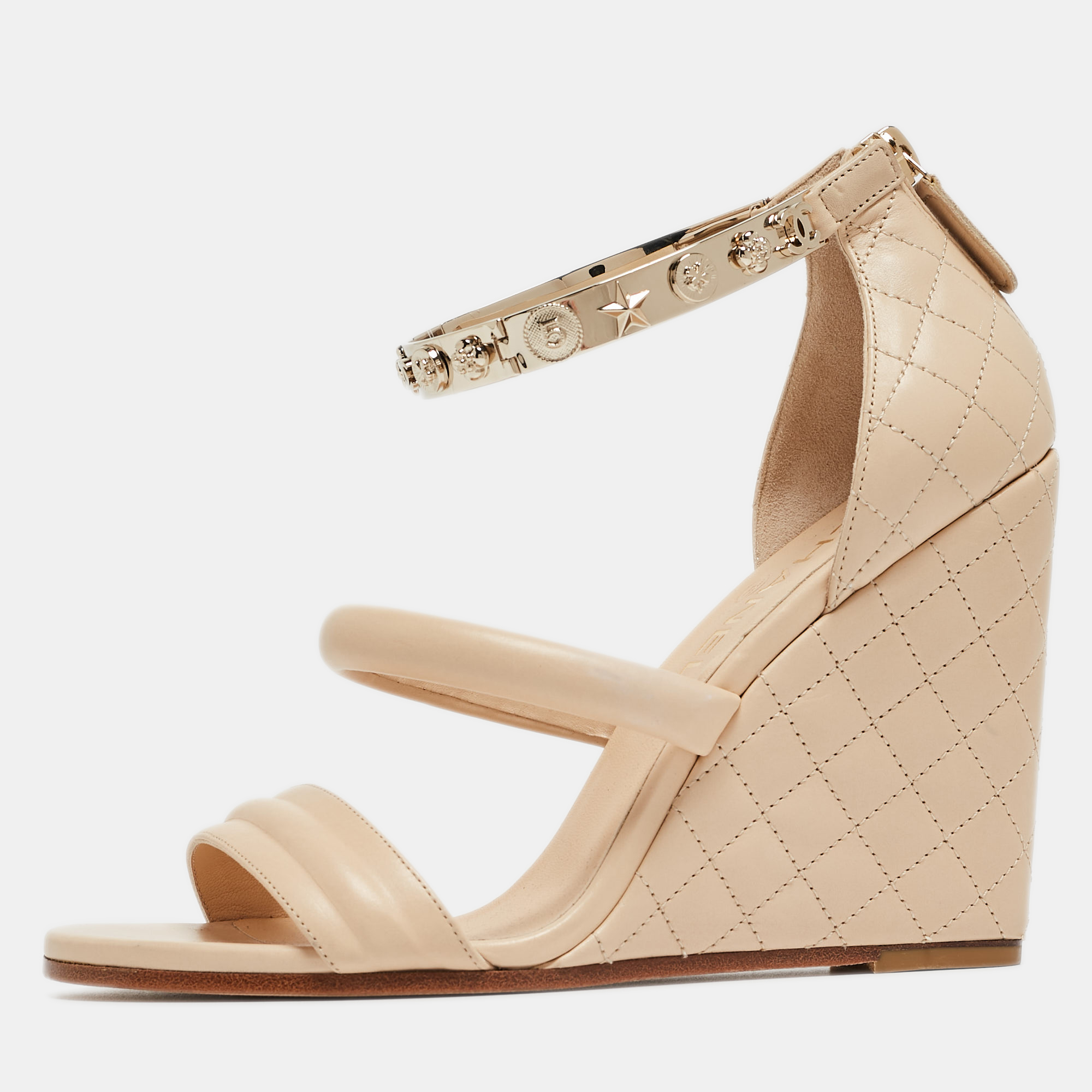 Chanel Beige Quilted Leather Charm Embellished Ankle Cuff Wedge Sandals Size 39