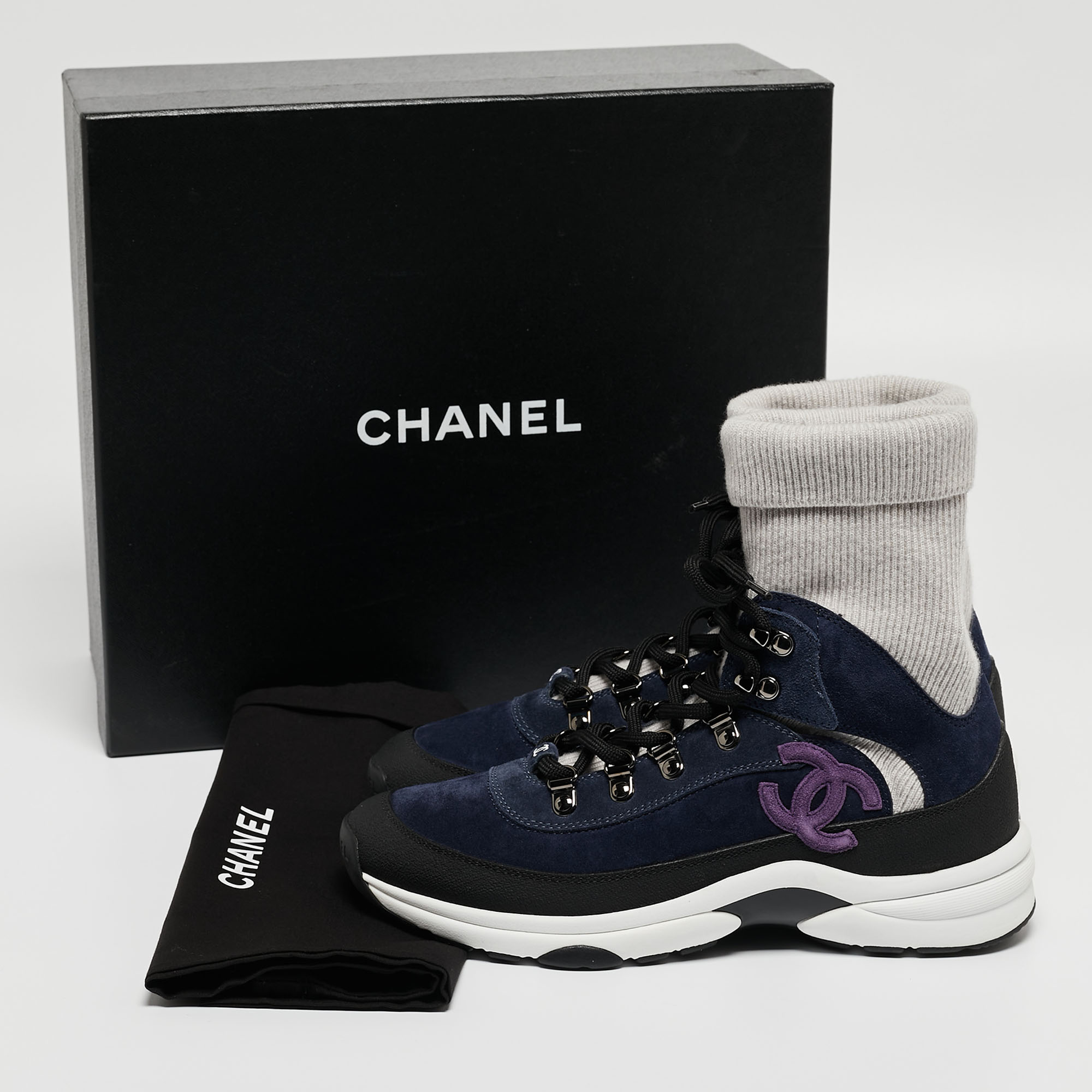 Chanel Navy Blue Suede And Leather Interlocking CC Logo Sock Sneakers Size 38
