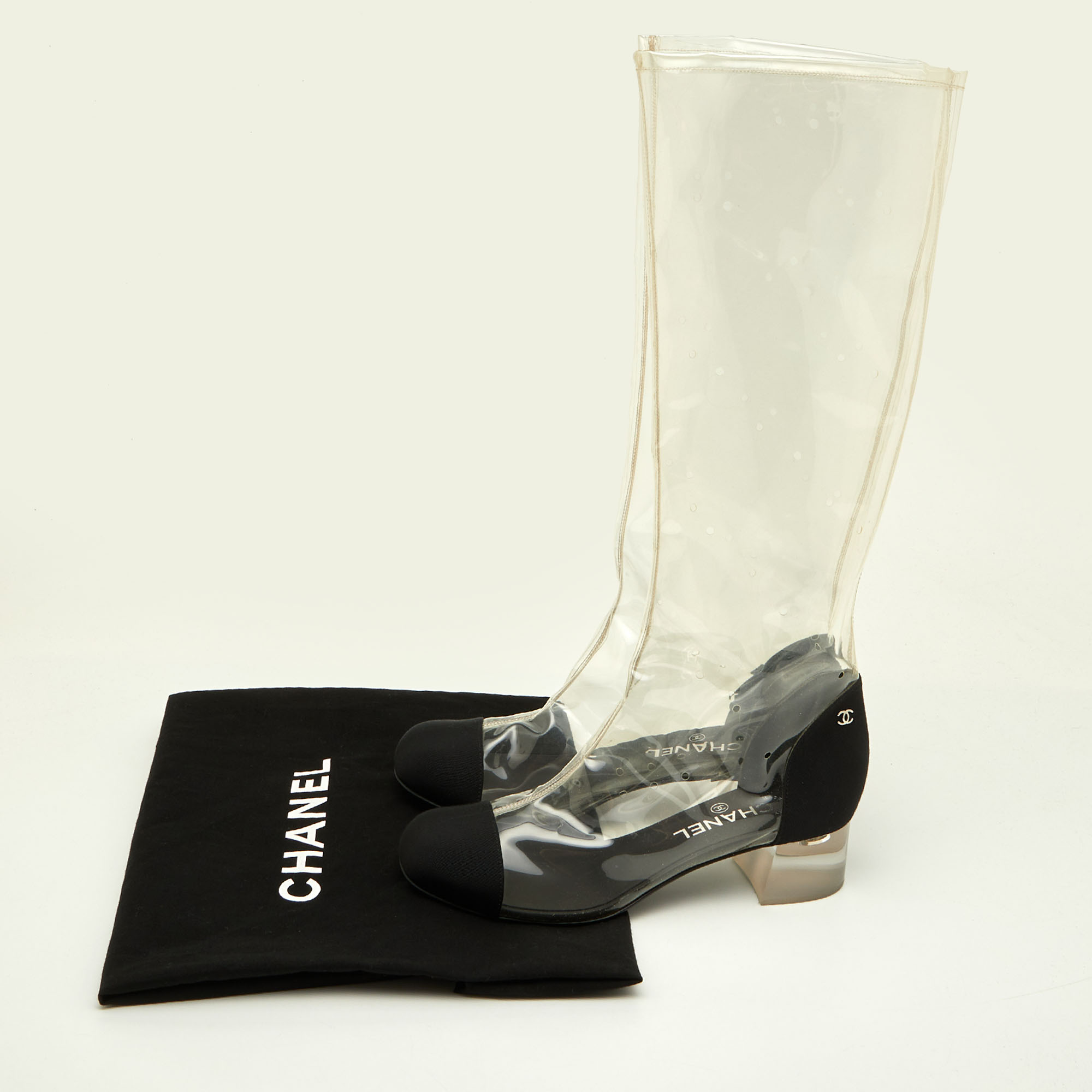 Chanel Transparent/Black PVC And Grosgrain Knee High Boots Size 38.5