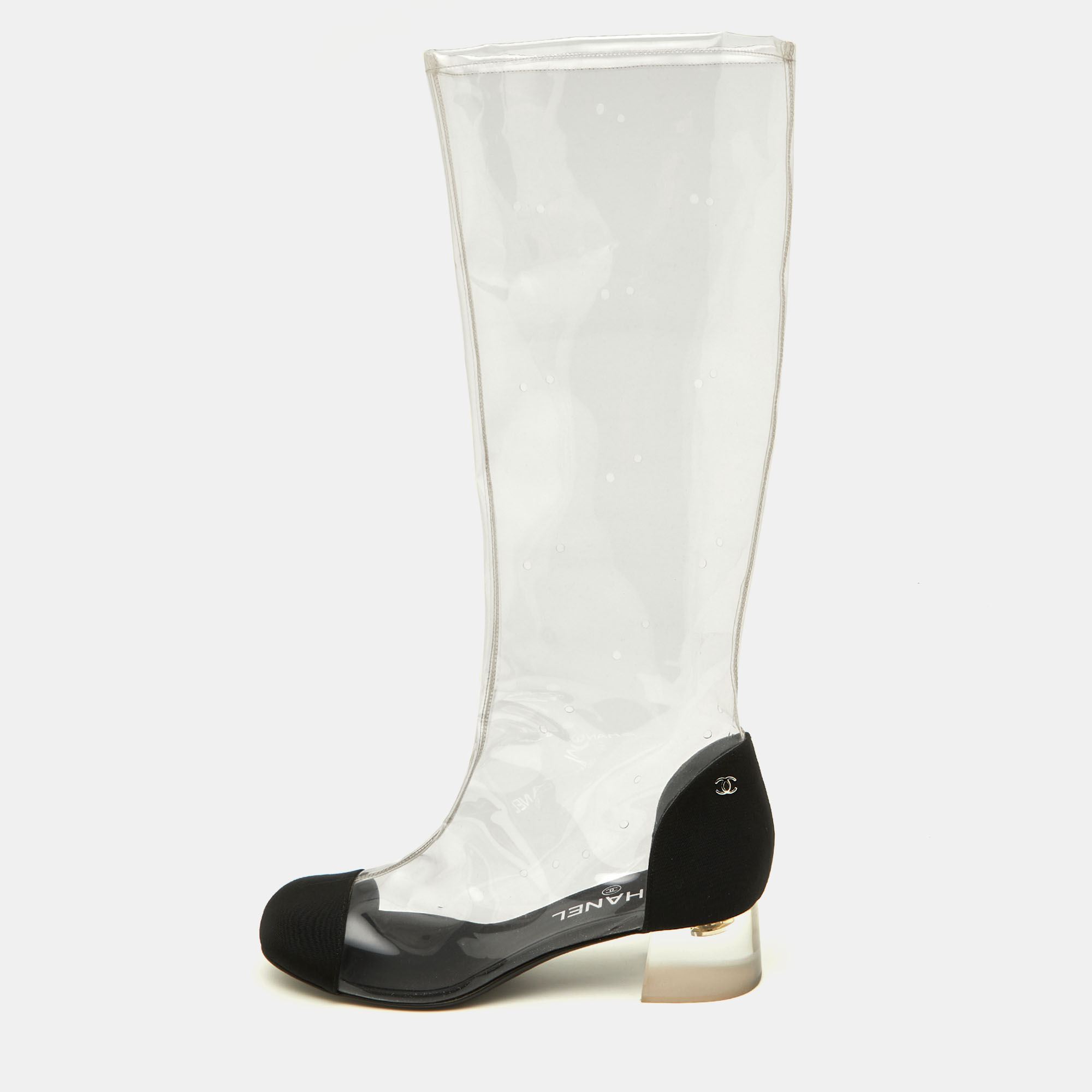Chanel transparent/black pvc and grosgrain knee high boots size 38.5
