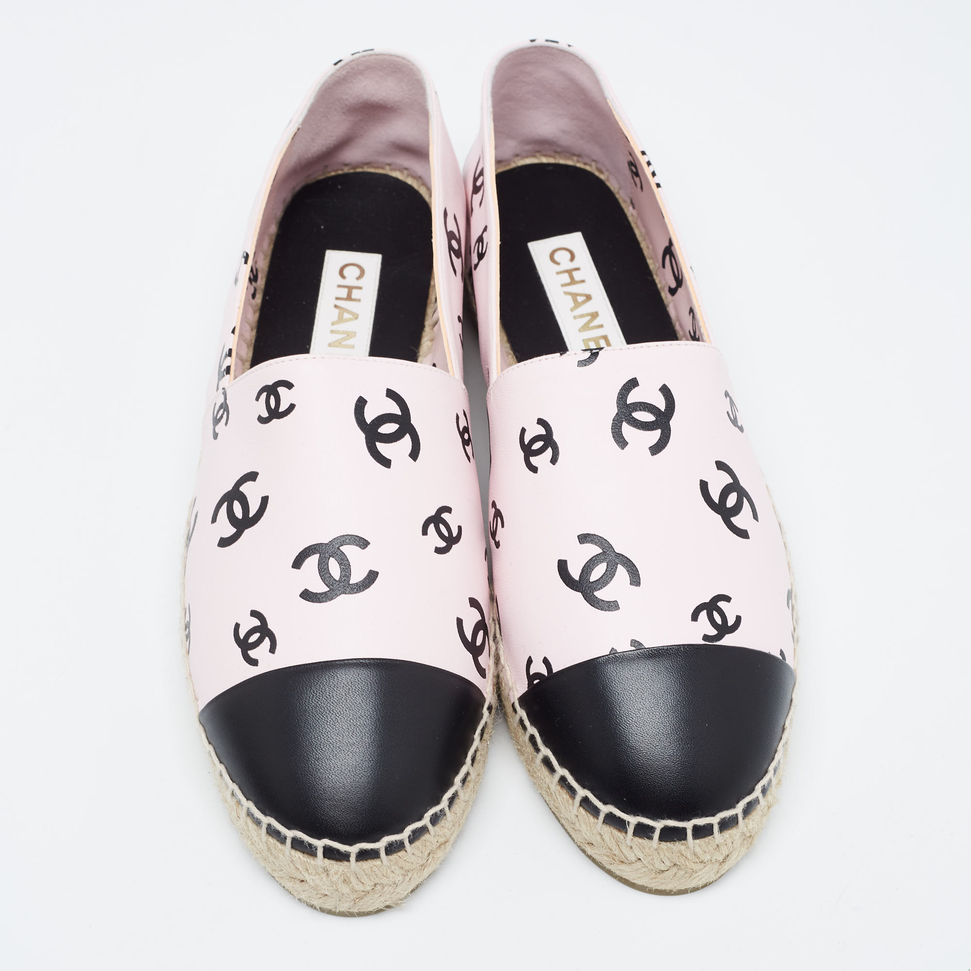 Chanel Pink/Black CC Print Leather Espadrille Flats Size 41