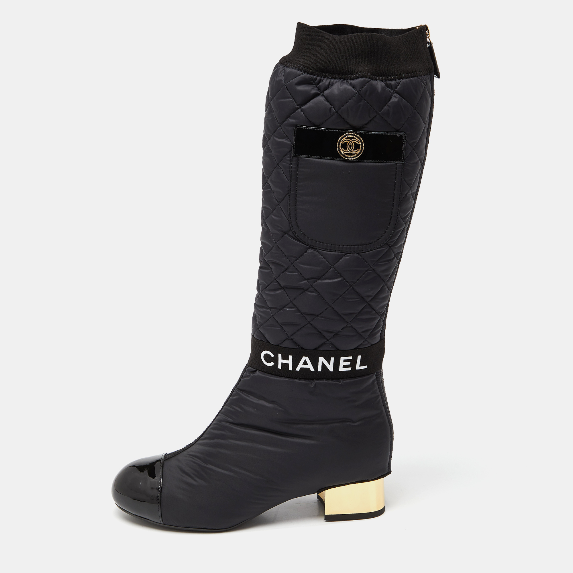Chanel Black Nylon And Patent Leather Interlocking CC Knee High Sock Boots Size 38.5