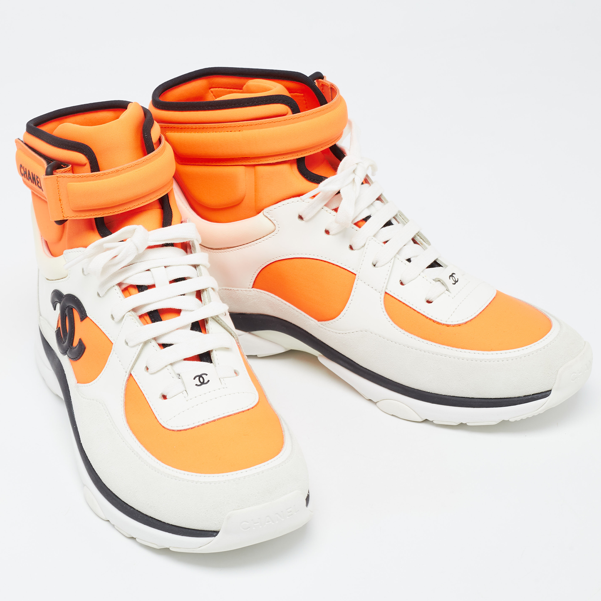 Chanel Neon Orange/White Neoprene And Leather CC High Top Sneakers Size 40.5