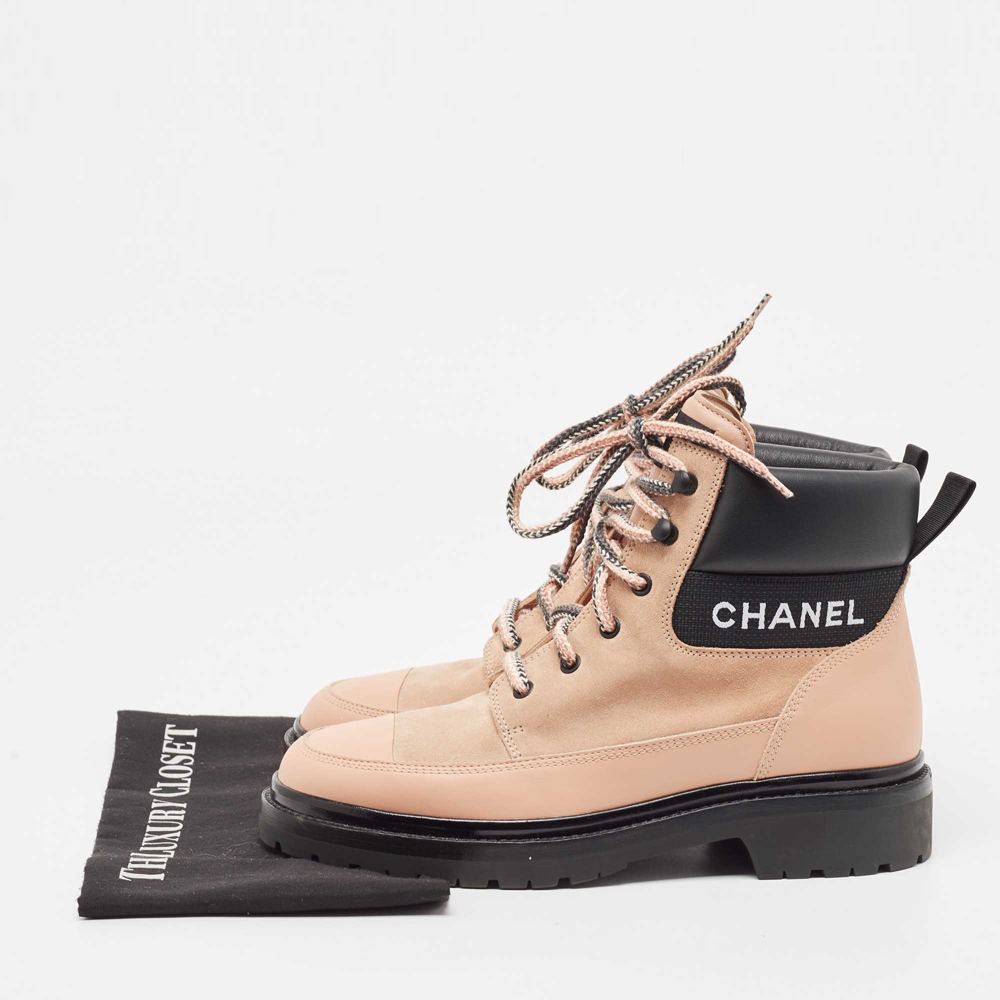 Chanel Pink/Black Leather And Suede Lace Up Ankle Boots Size 41