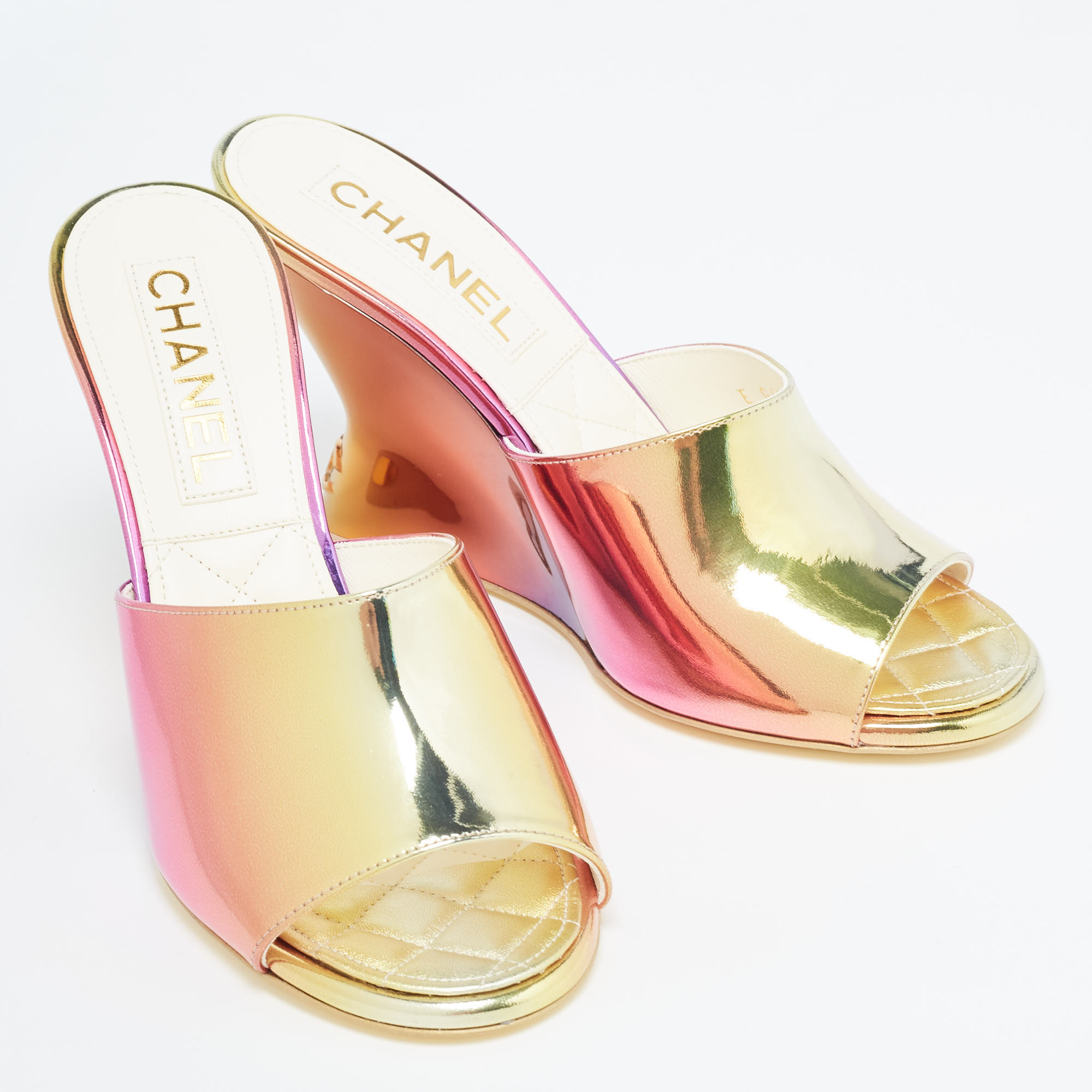 Chanel Multicolor Mirror Leather CC Wedge Open Toe Slide Sandals Size 38