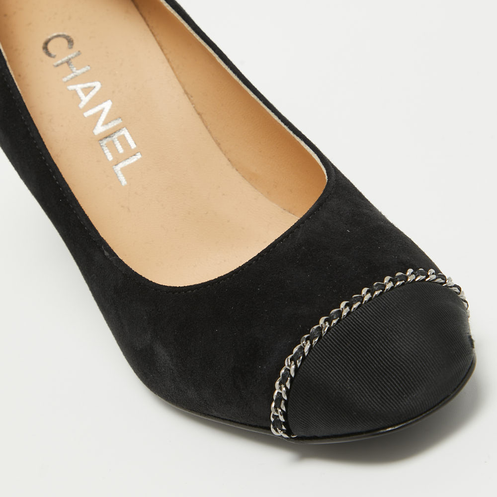 Chanel Black Suede And Fabric Chain Link Cap Toe CC Pumps Size 35.5
