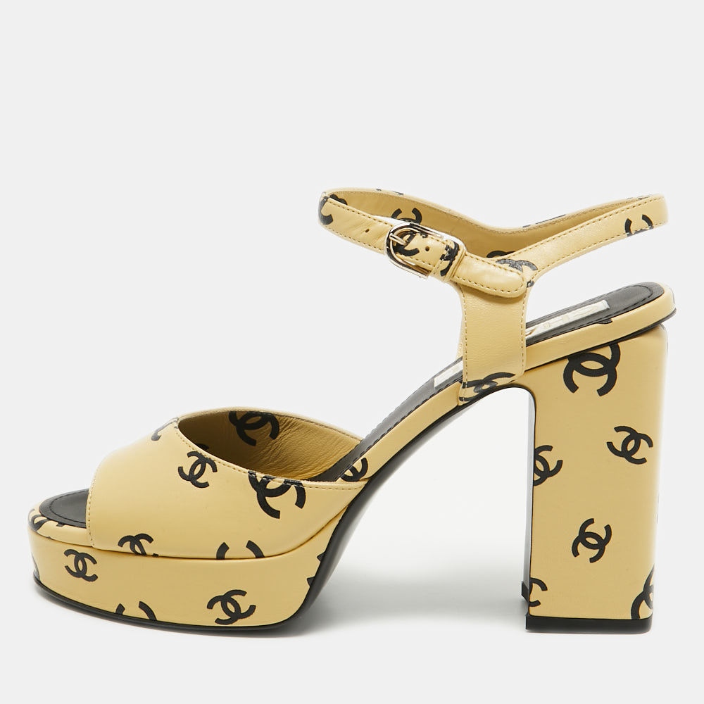 Chanel Yellow Leather CC Logo Ankle Strap Sandals Size 40