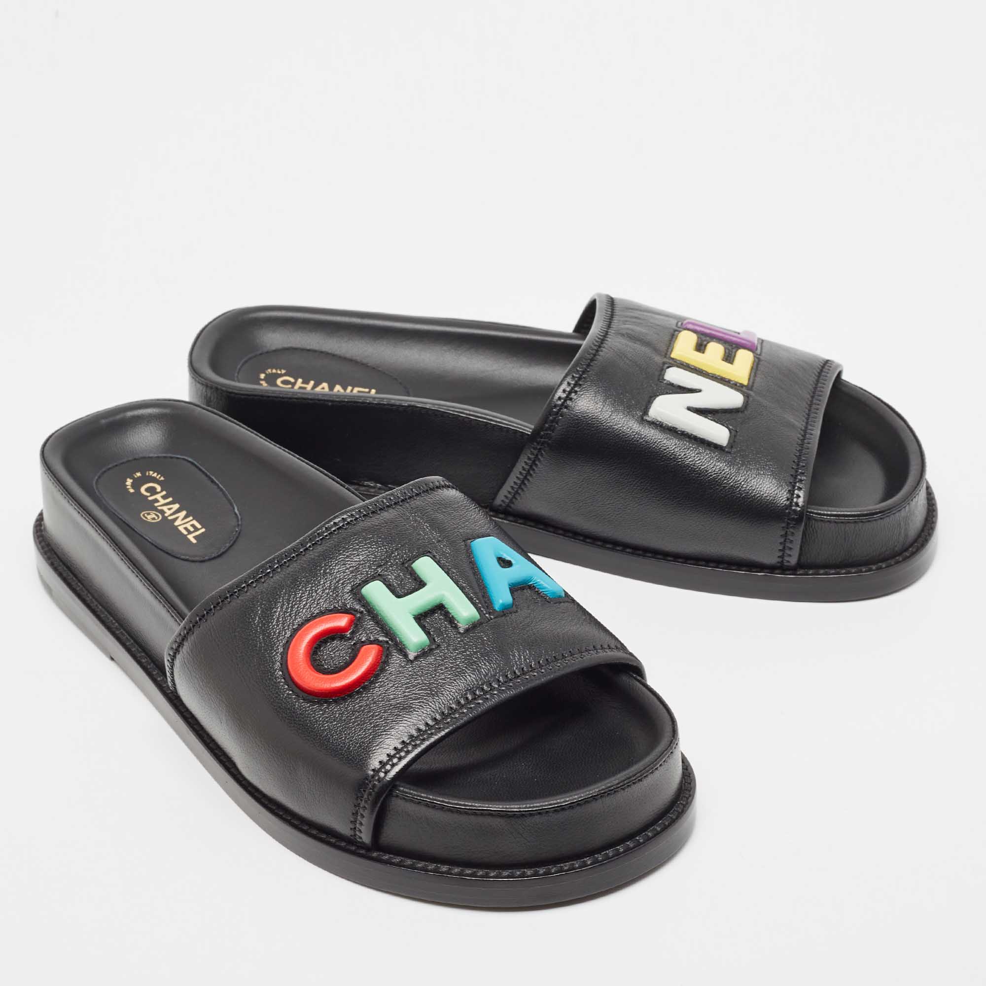 Chanel Black Leather CHA NEL Letter Logo Flat Slides Size 40