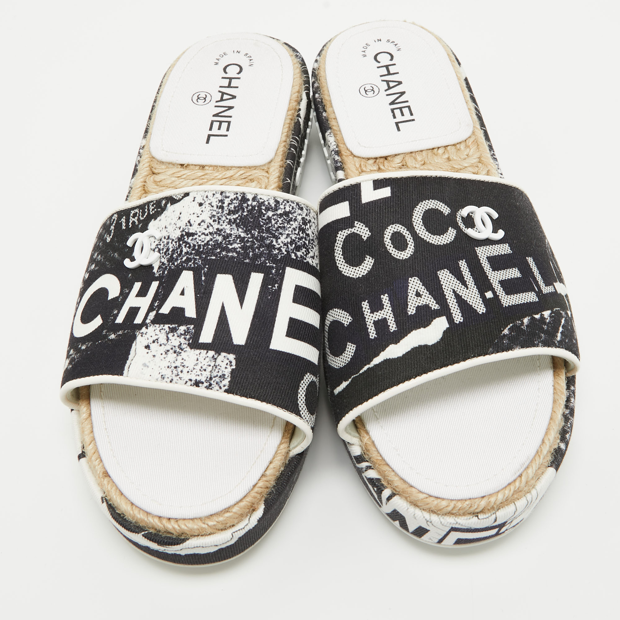 Chanel Black/White Canvas Logo Graffiti Espadrille Slide Sandals Size 41