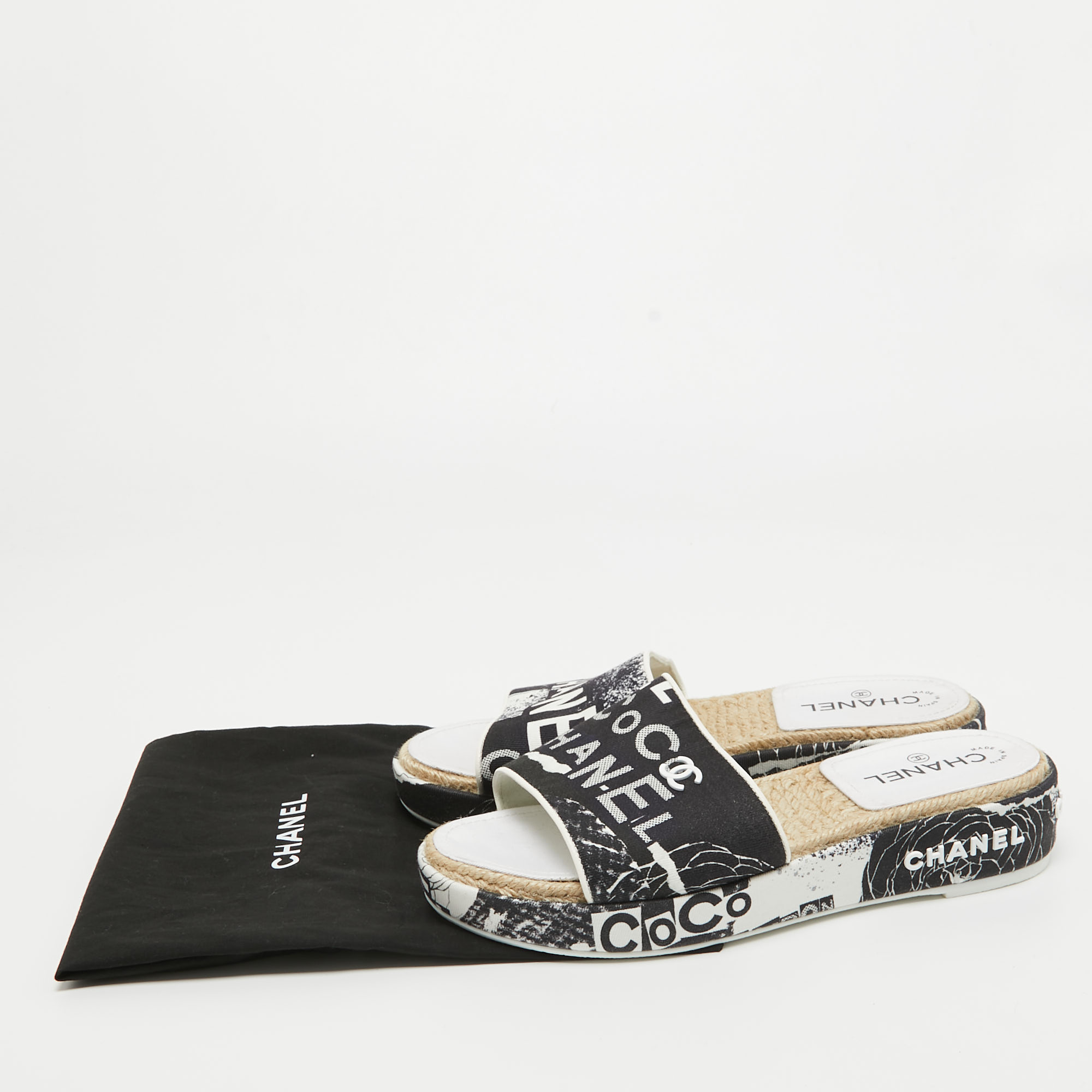 Chanel Black/White Canvas Logo Graffiti Espadrille Slide Sandals Size 41