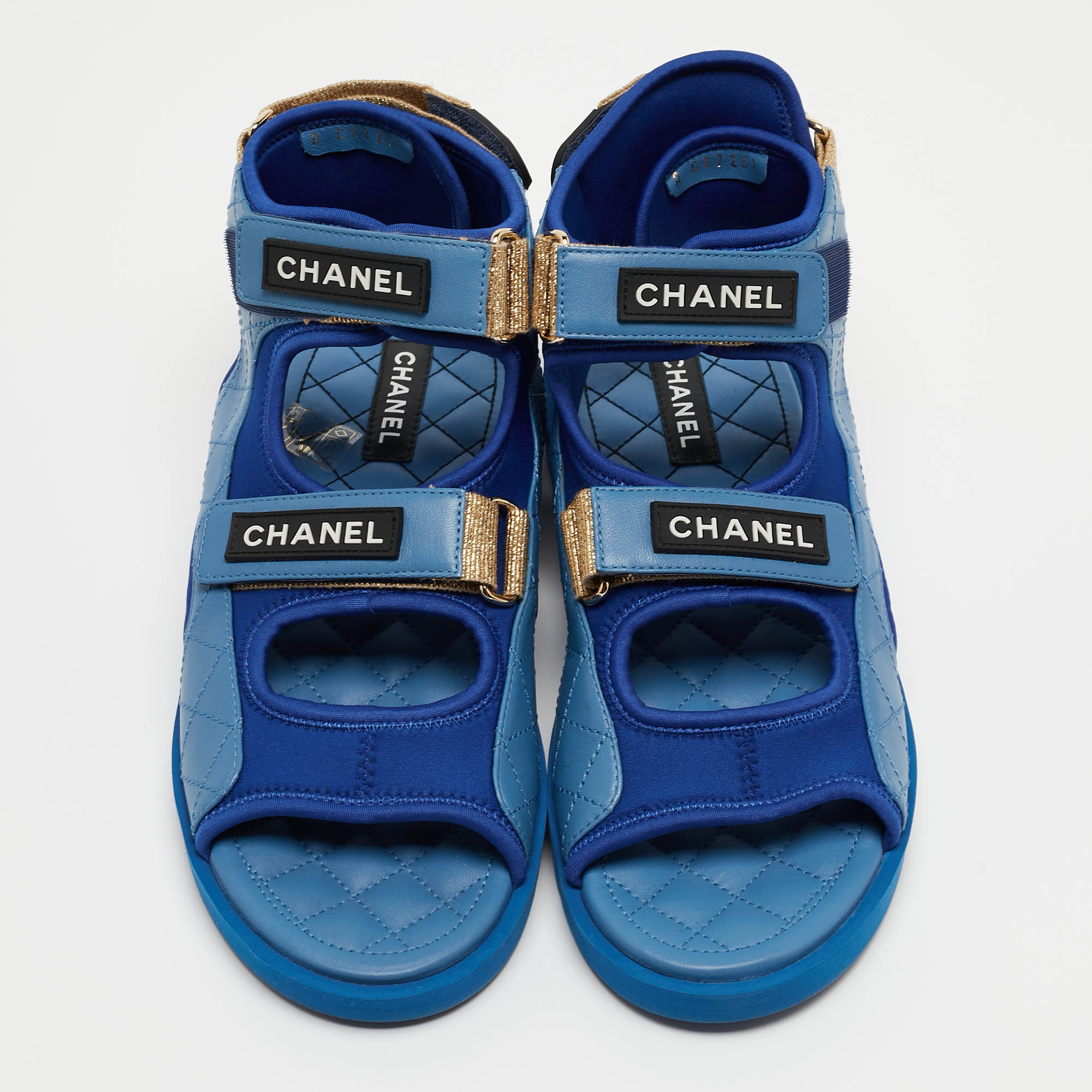 Chanel Blue Quilted Leather And Neoprene CC Ankle Strap Flat Sandals Size 40