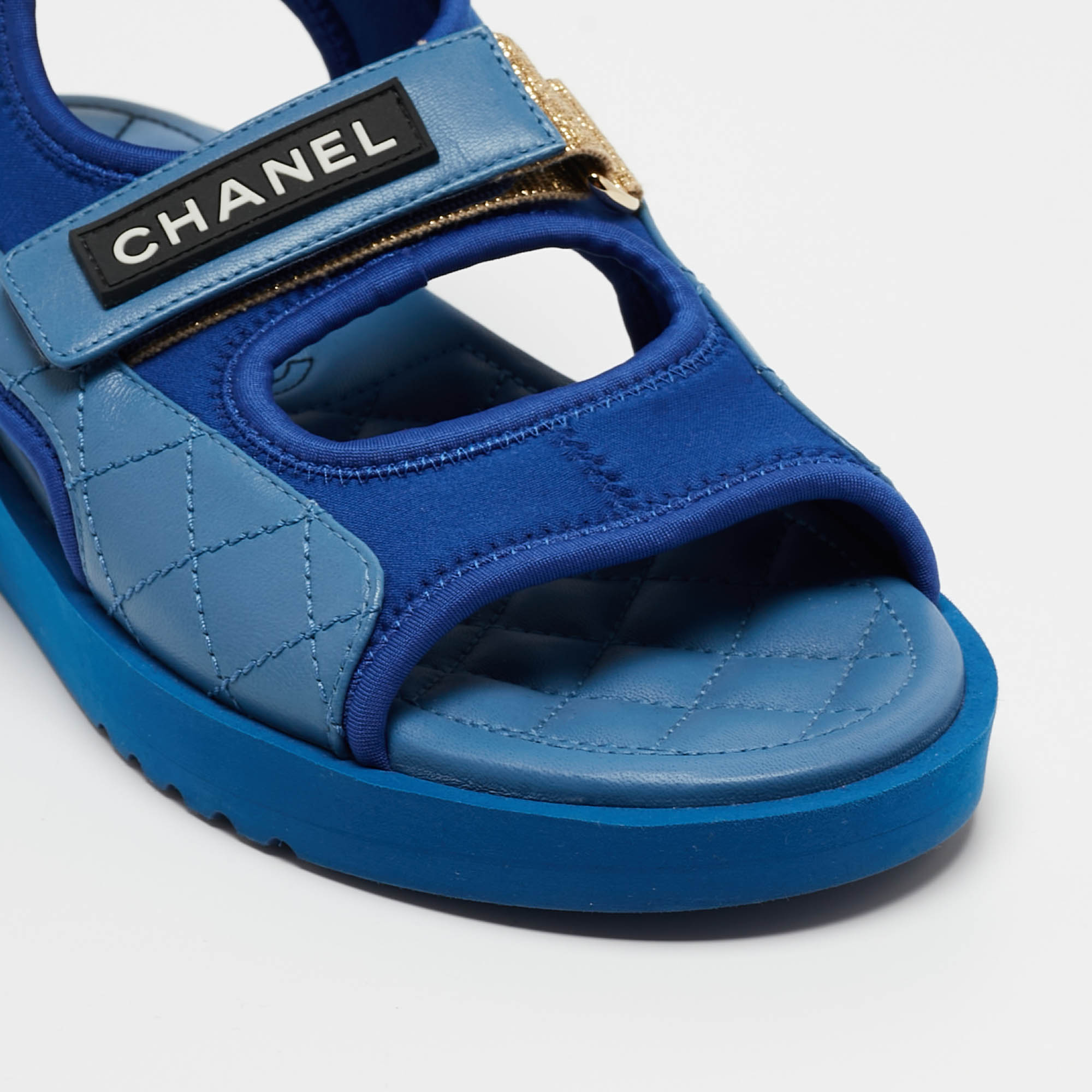 Chanel Blue Quilted Leather And Neoprene CC Ankle Strap Flat Sandals Size 40