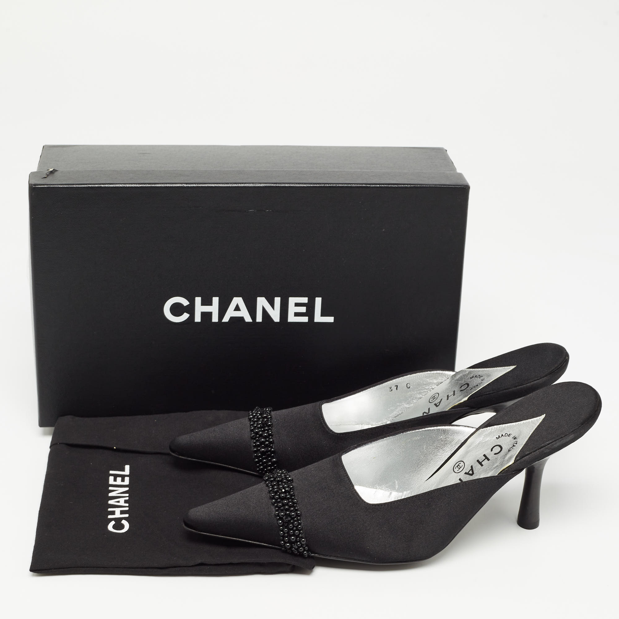 Chanel Black Satin Cap Toe Mules  Size 37