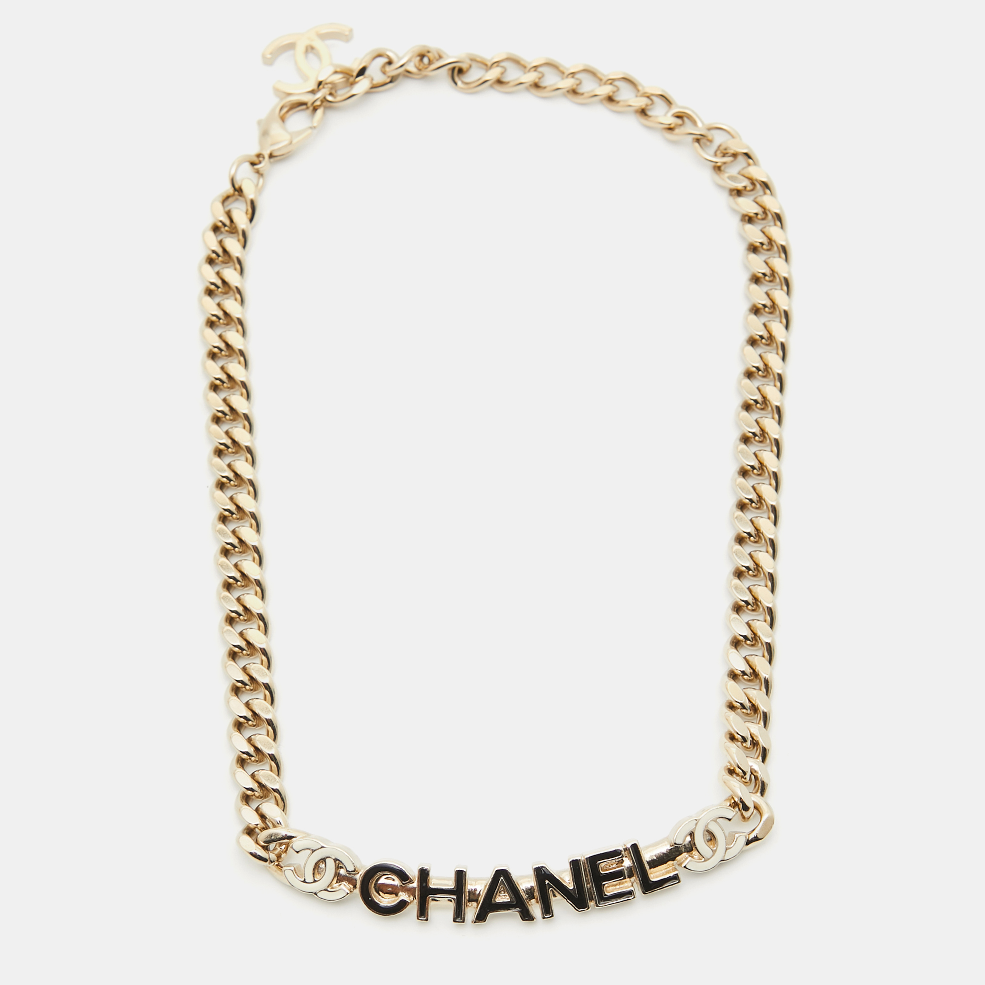 Chanel CC Logo Enamel Gold Tone Necklace