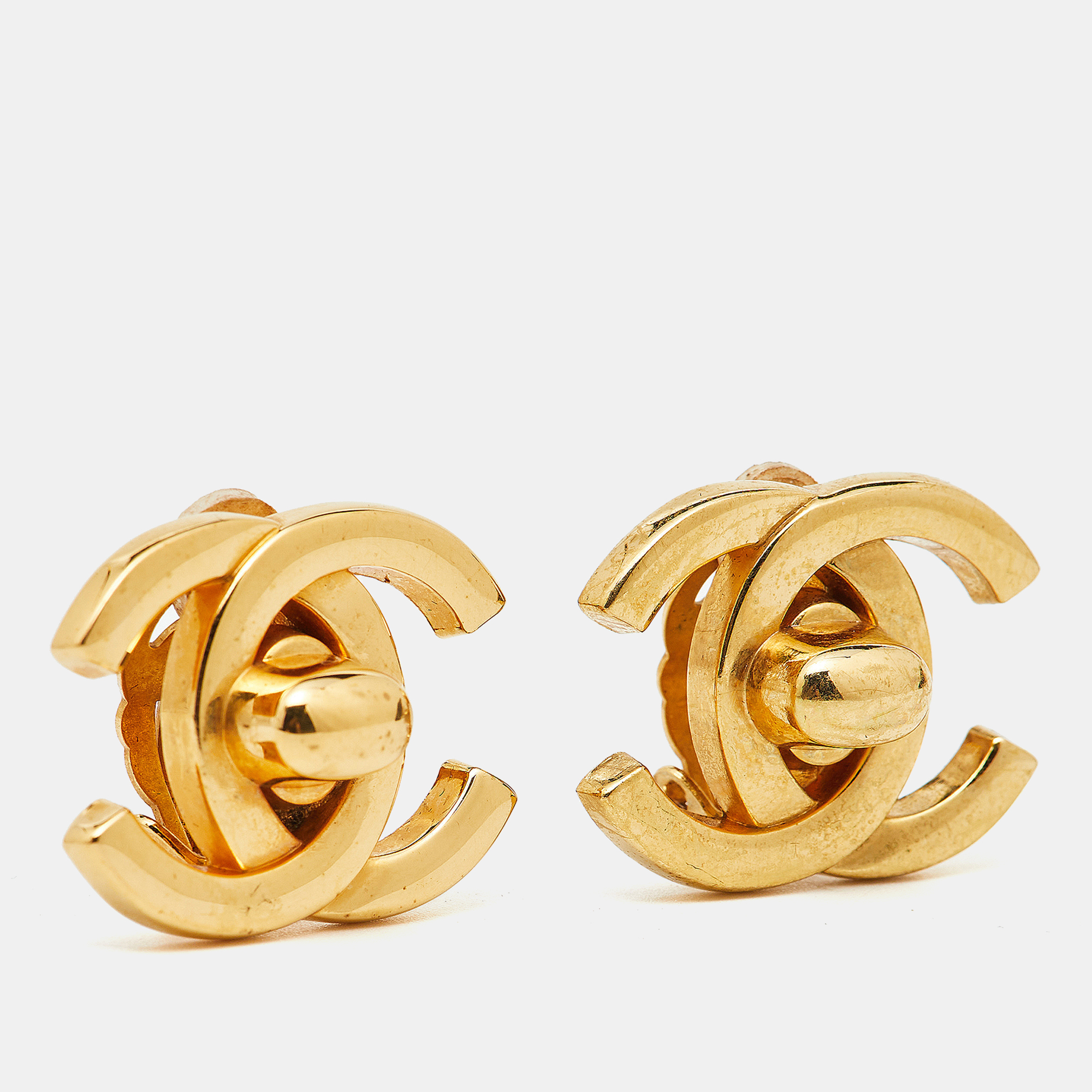 Chanel CC VIntage Turn Lock Gold Tone Clip On Earrings