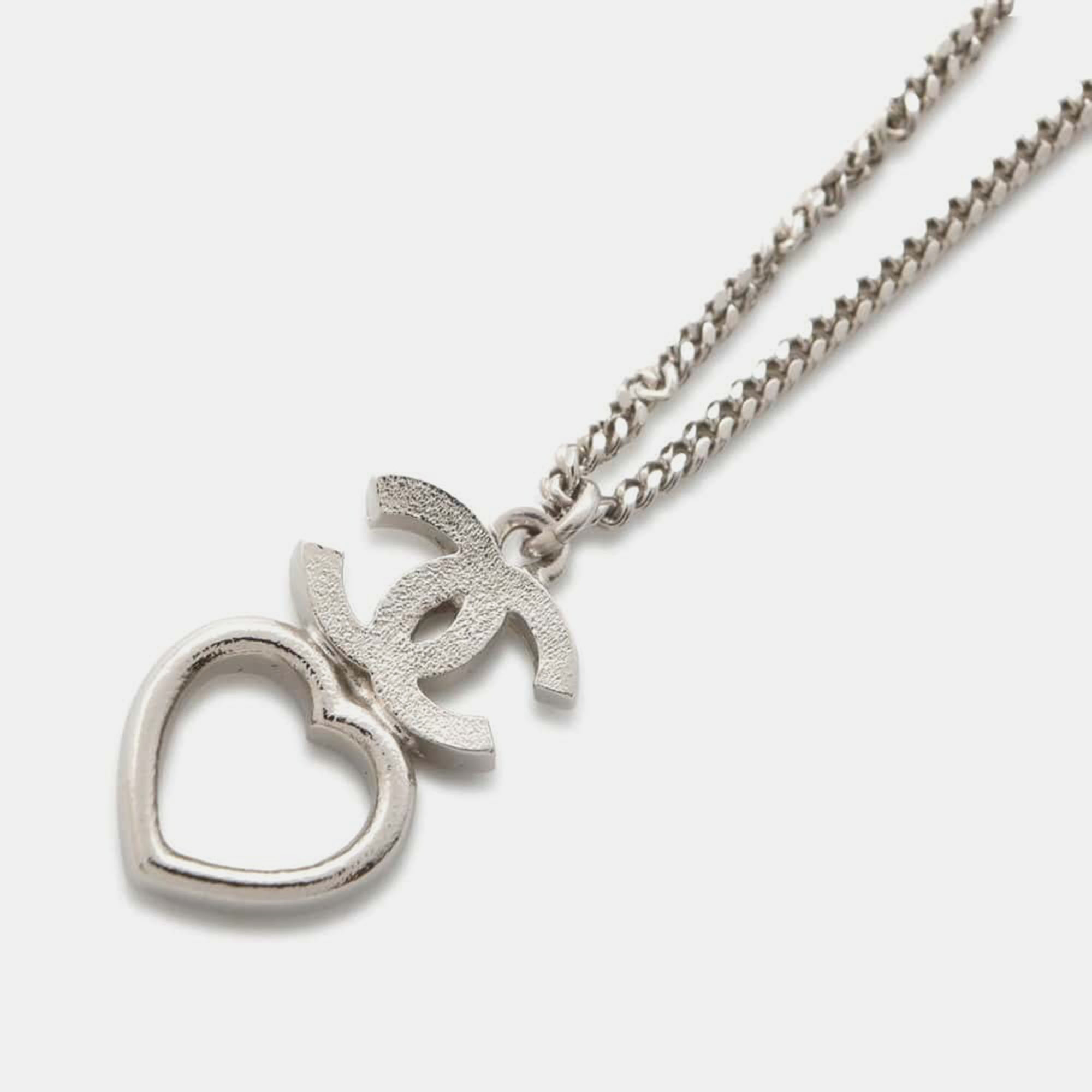 Chanel Silver Metal Rhinestone CC Logo & Heart Necklace