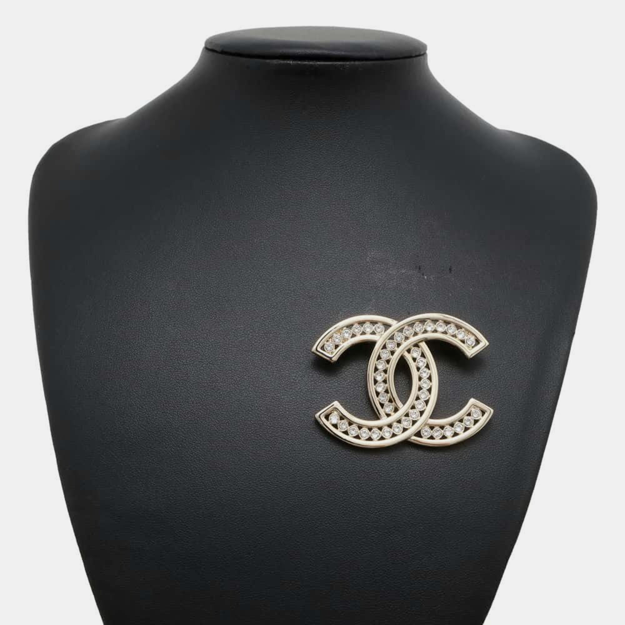 Chanel Champagne Gold Metal Rhinestone CC Logo Brooch