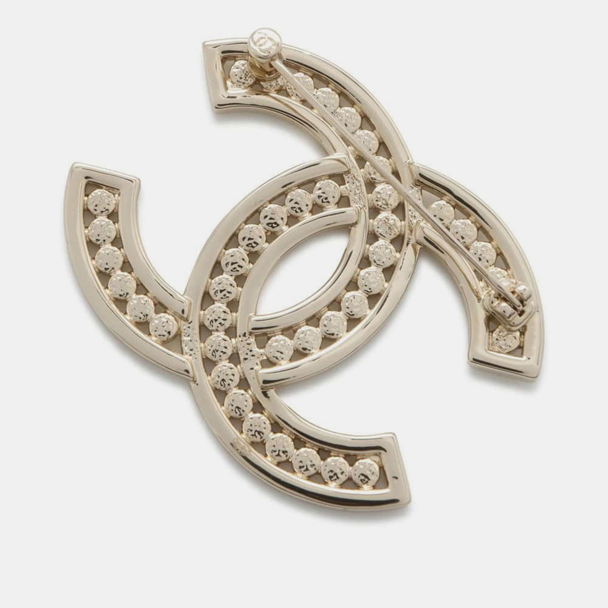 Chanel Champagne Gold Metal Rhinestone CC Logo Brooch