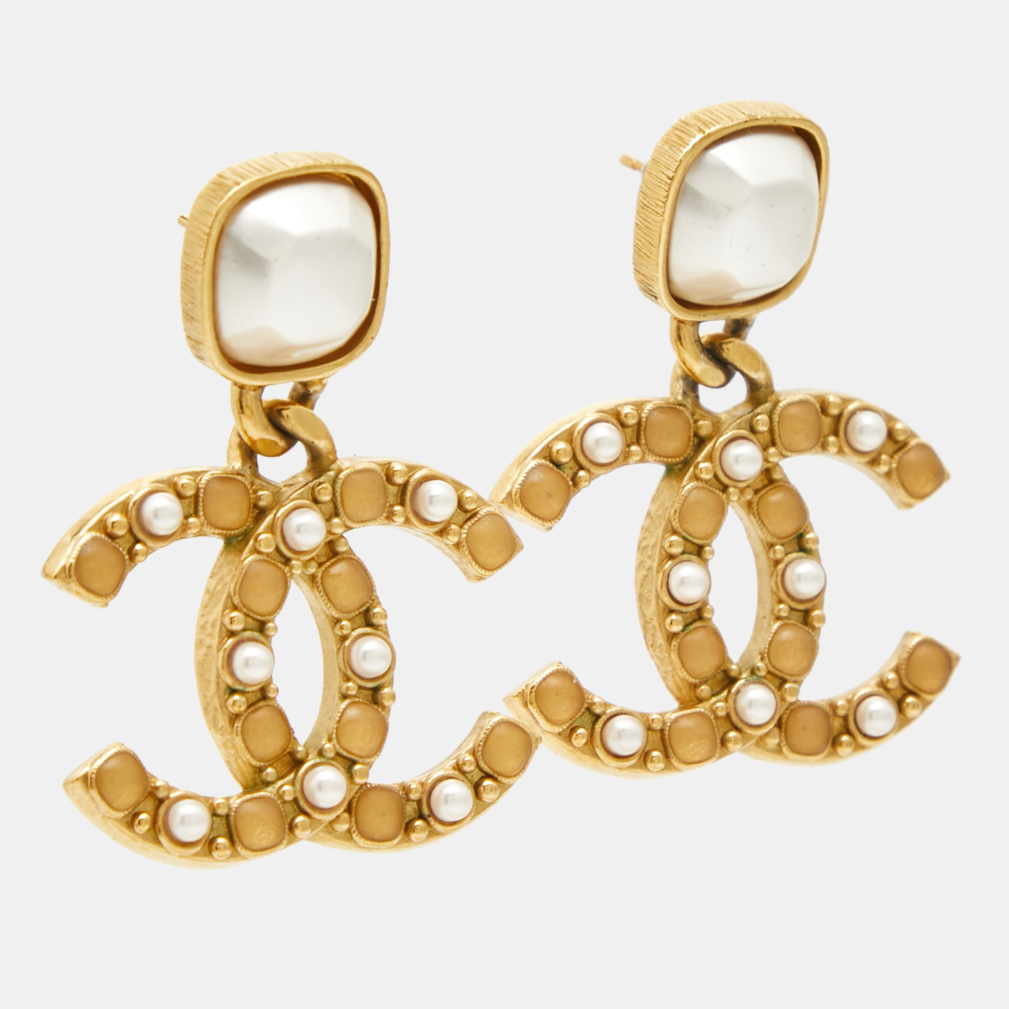 Chanel CC Faux Pearl Resin Gold Drop Earrings