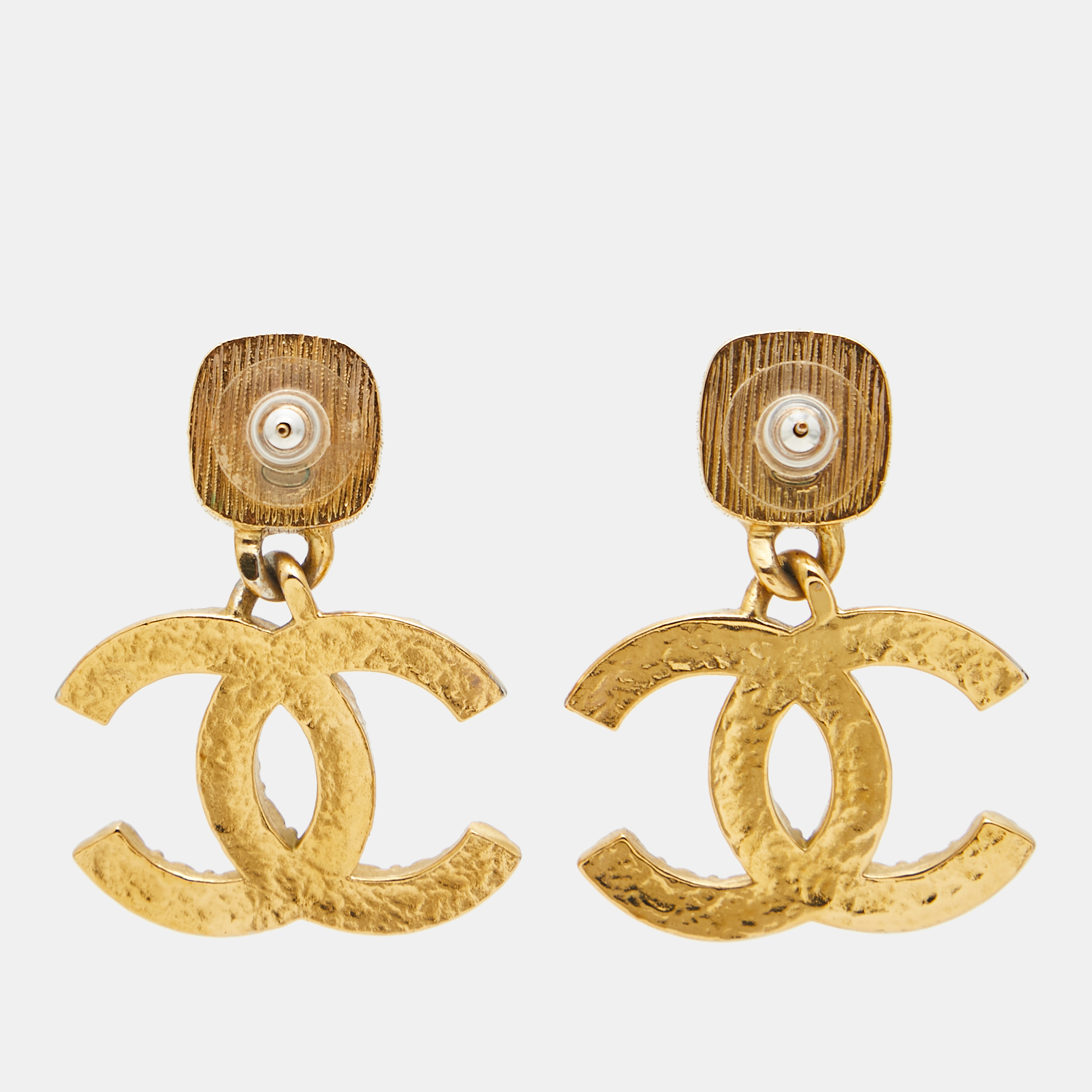 Chanel CC Faux Pearl Resin Gold Drop Earrings