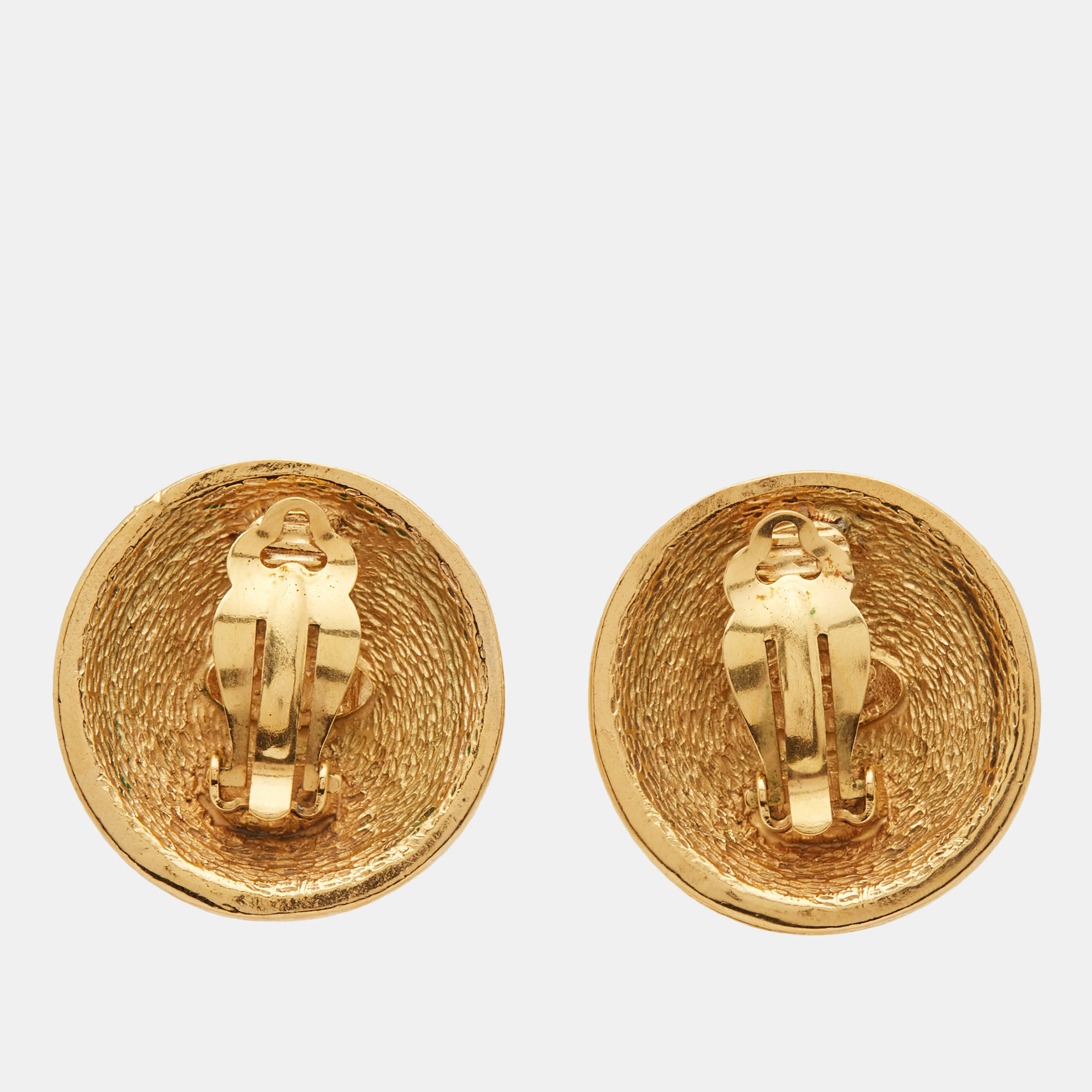 Chanel CC Coco Medallion Gold Tone Clip On Earrings