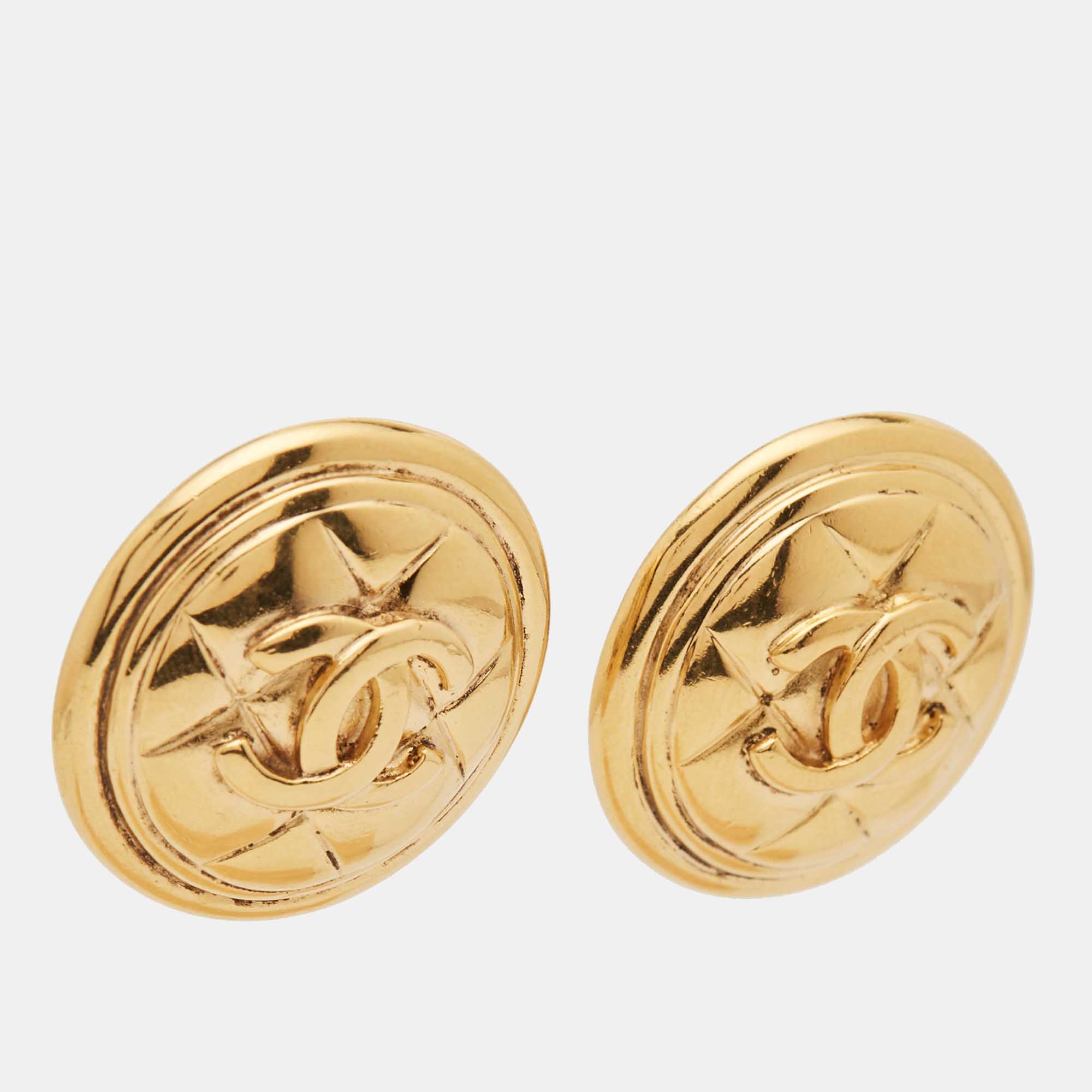 Chanel CC Coco Medallion Gold Tone Clip On Earrings