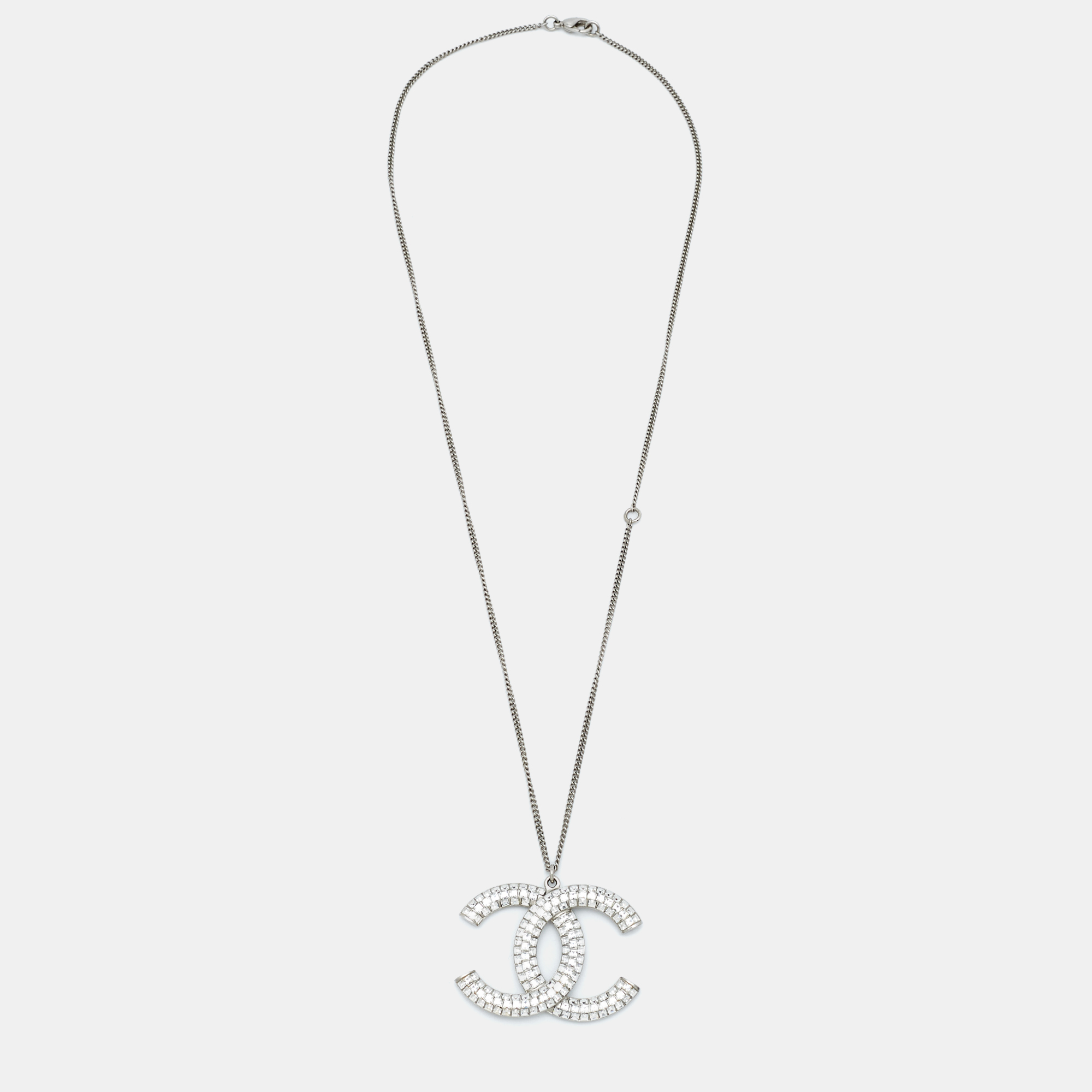 Chanel CC Crystal Silver Tone Pendant Necklace