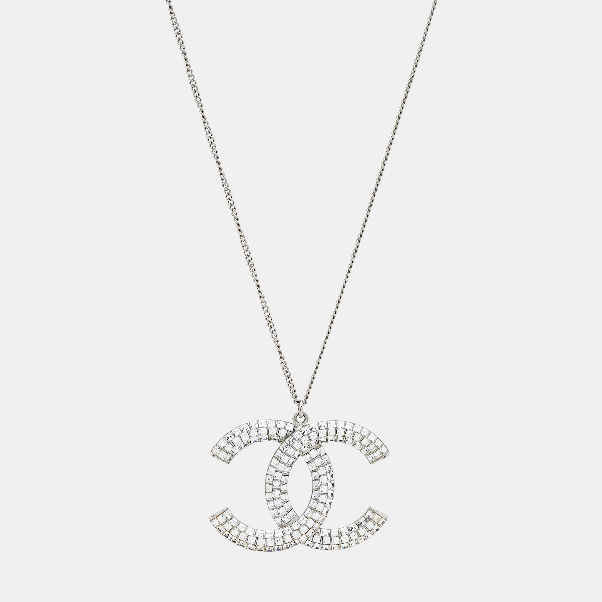 Chanel CC Crystal Silver Tone Pendant Necklace