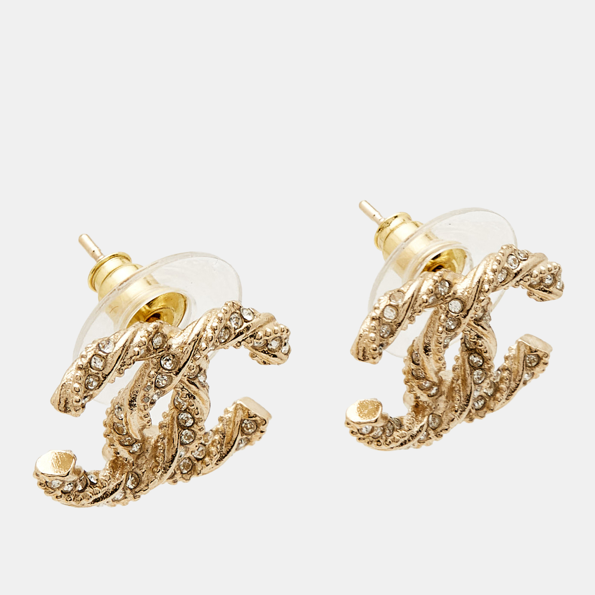 Chanel CC Crystal Twisted Gold Tone Earrings