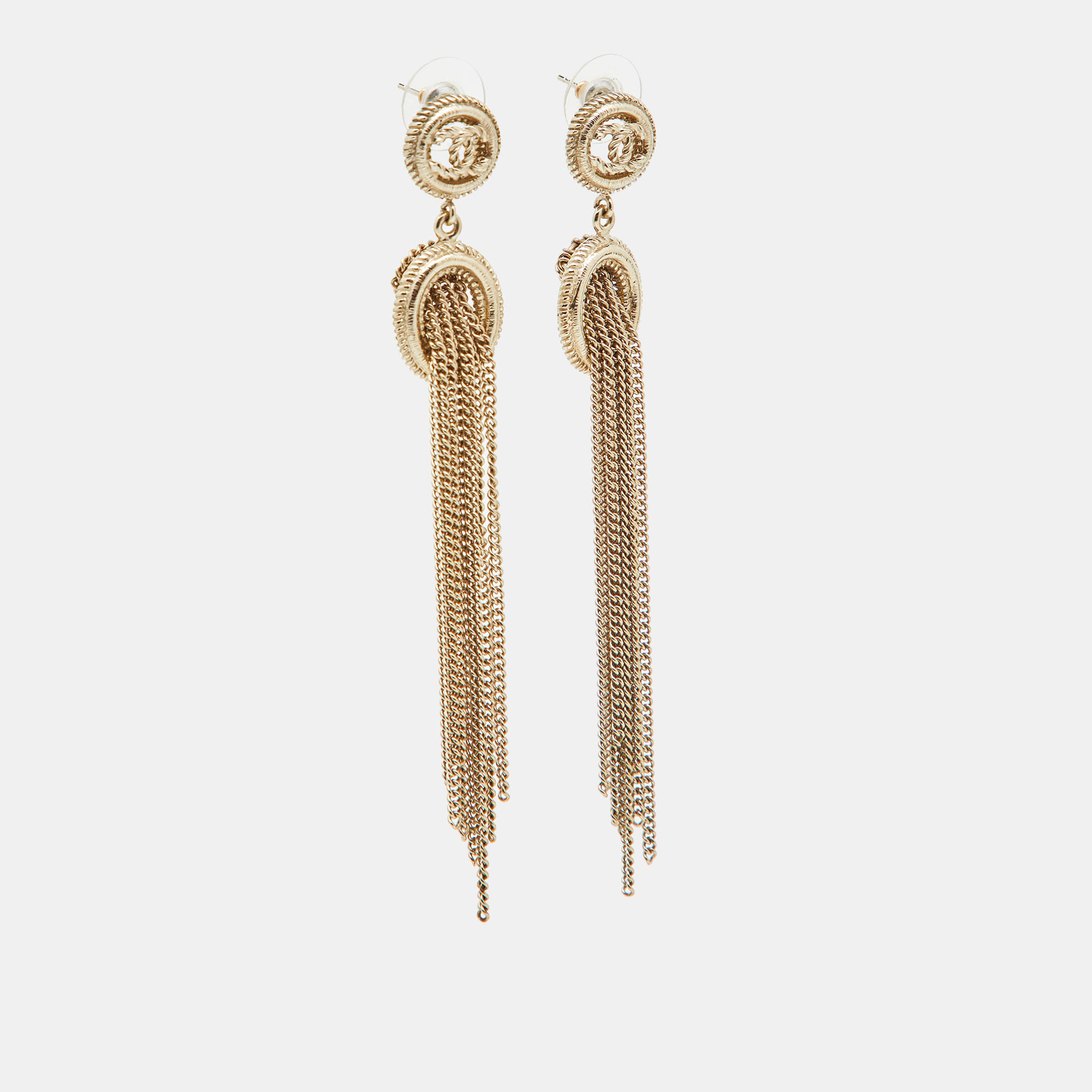 Chanel CC Logo Chain Tassel Gold Tone Long Earrings