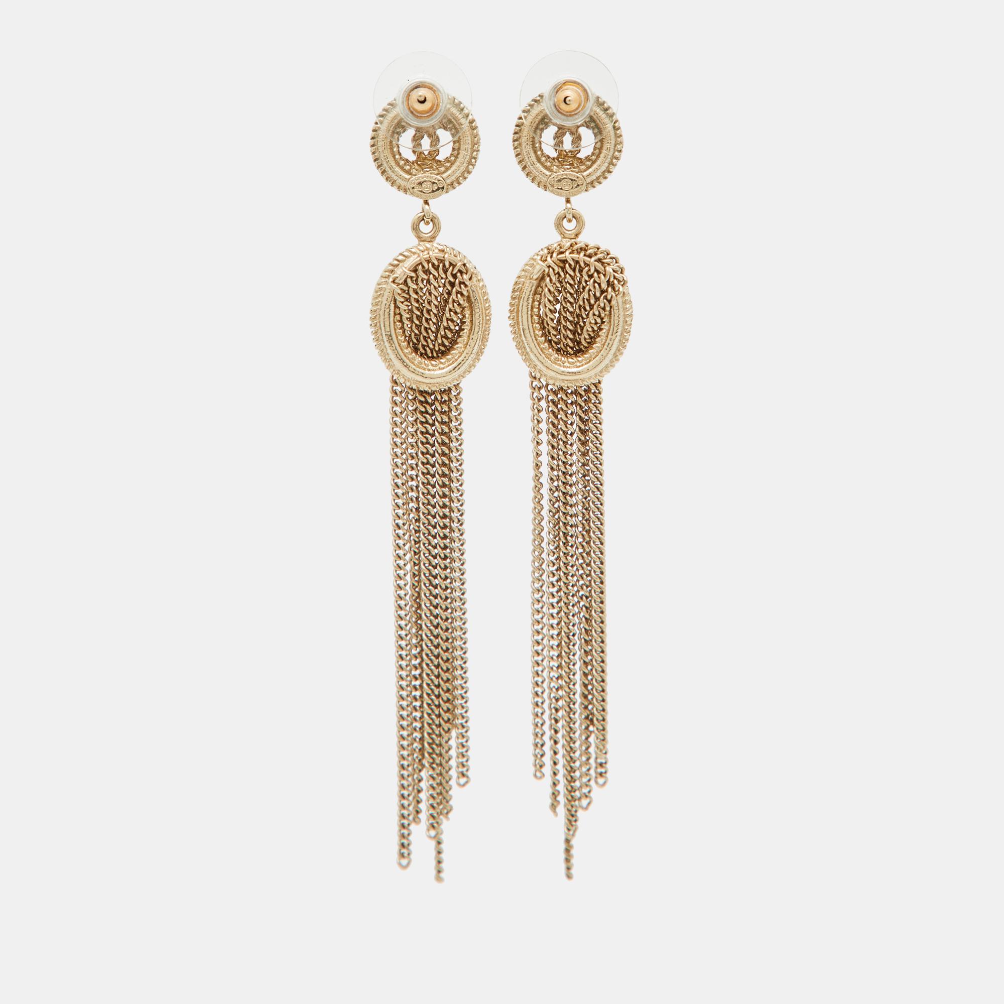 Chanel CC Logo Chain Tassel Gold Tone Long Earrings