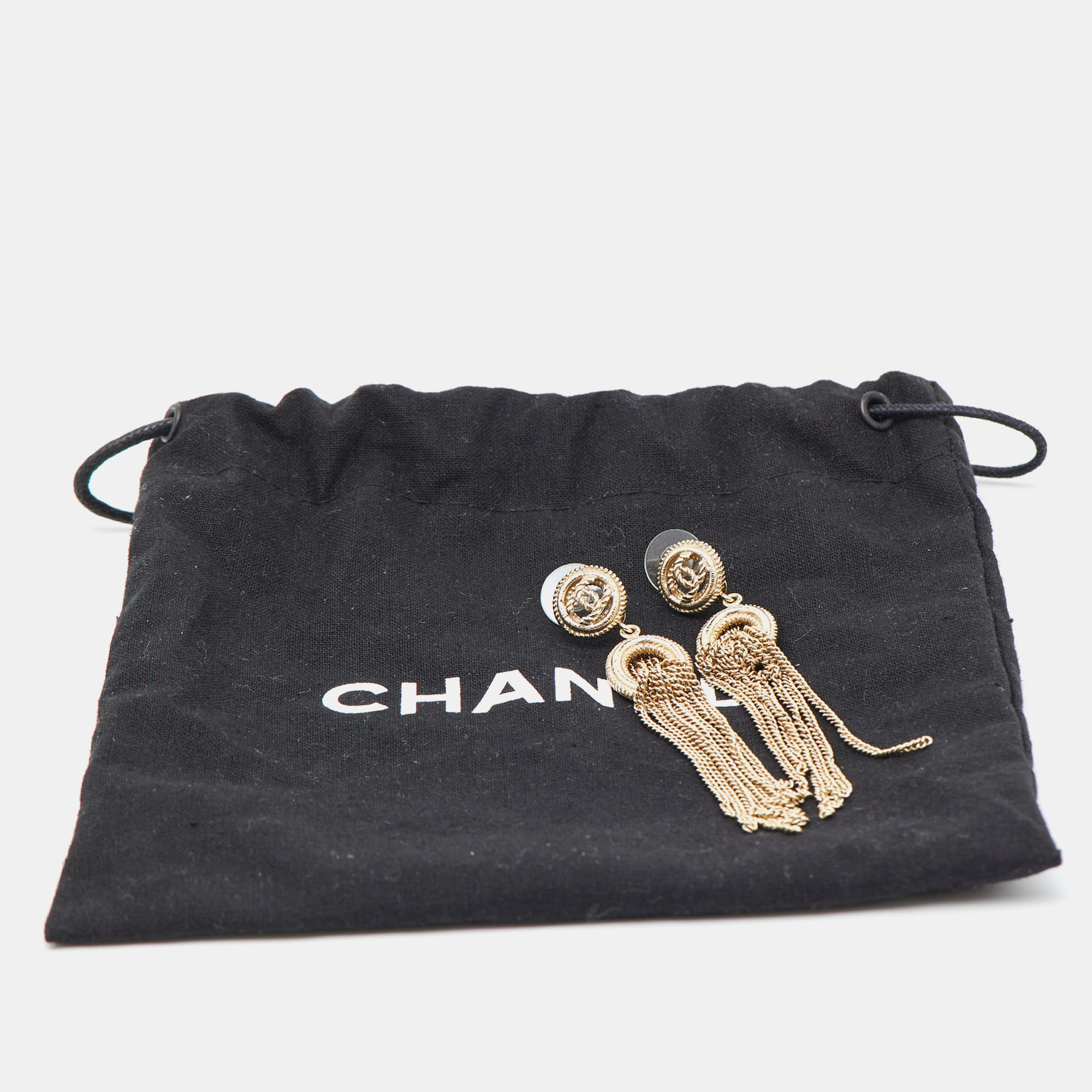 Chanel CC Logo Chain Tassel Gold Tone Long Earrings