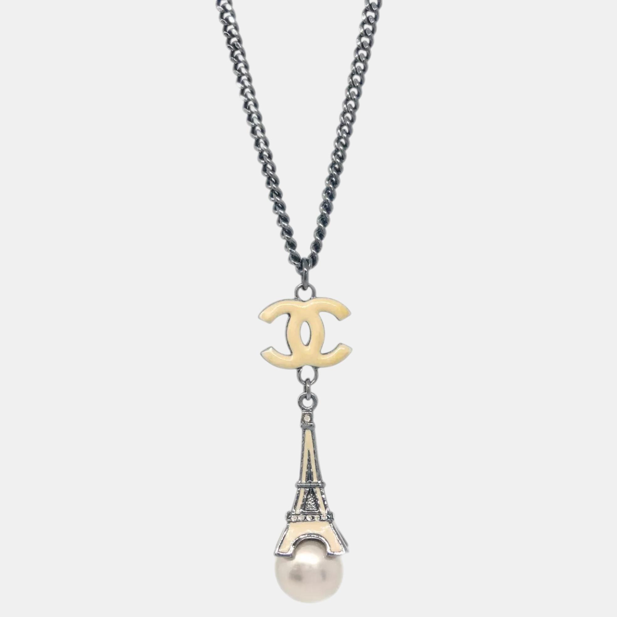Chanel Artificial Pearl Rhinestone Silver Eiffel Tower Chain Necklace