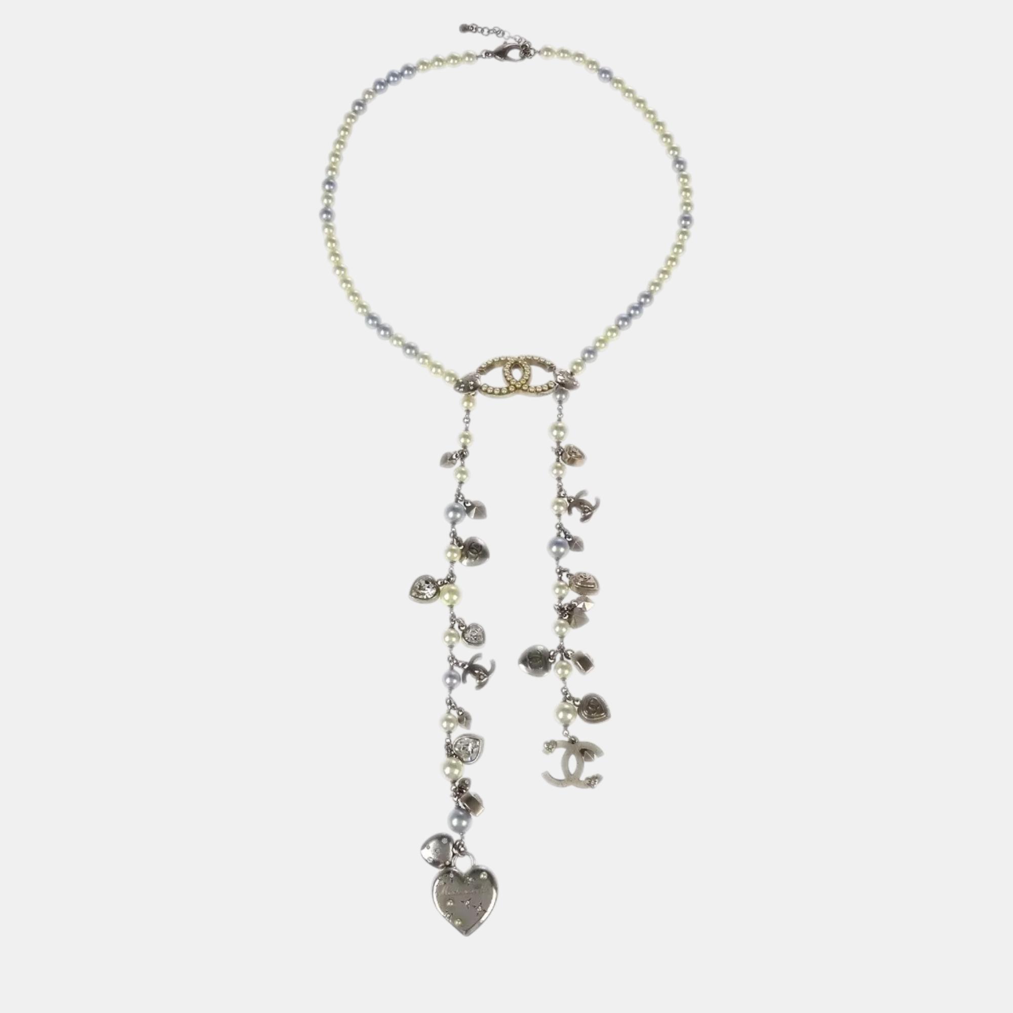 Chanel Artificial Pearl Rhinestone Silver Chain Necklace