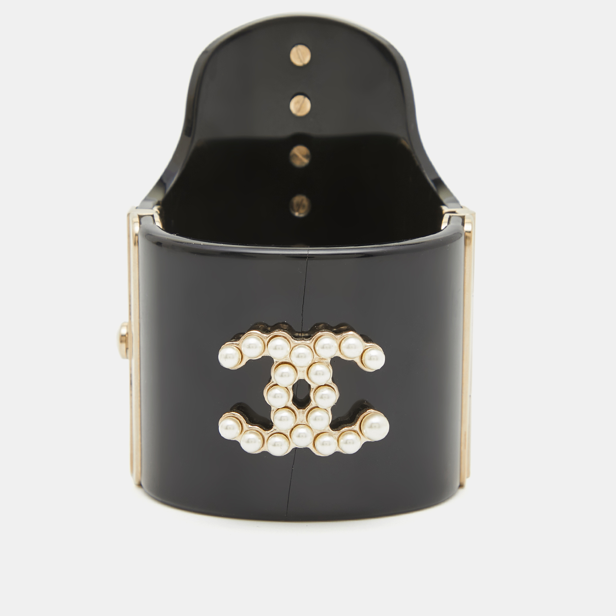 Chanel cc black resin faux pearls embedded asymmetric cuff bracelet