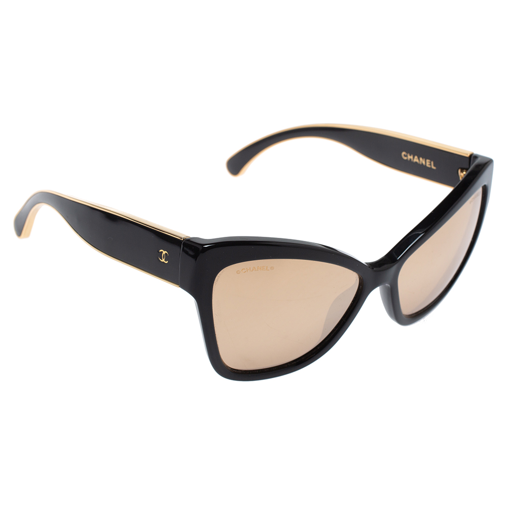 Image of Chanel Black / K Gold Mirrored  Cat Eye Sunglasses