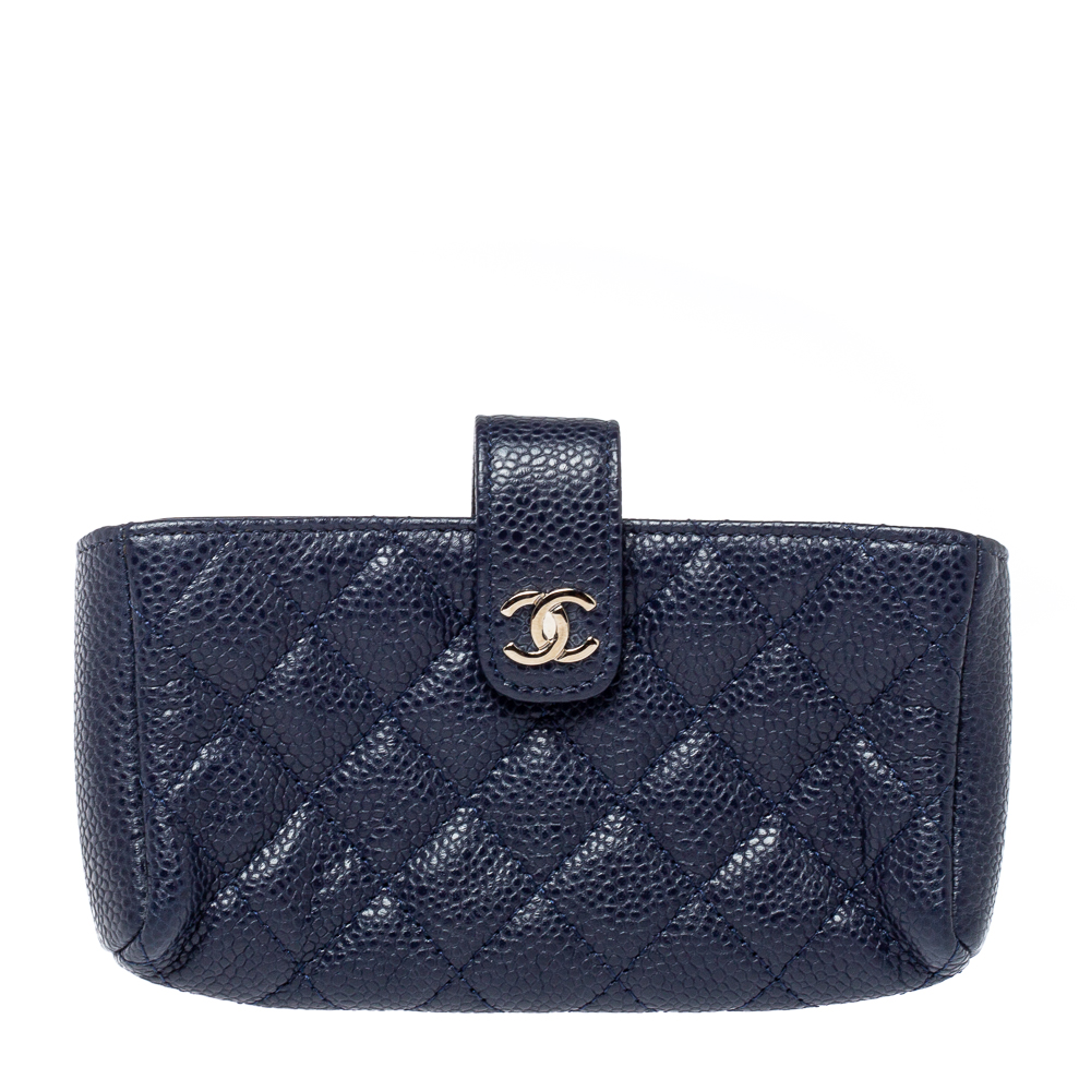 Chanel Blue Quilted Caviar Leather CC Phone Holder Clutch female