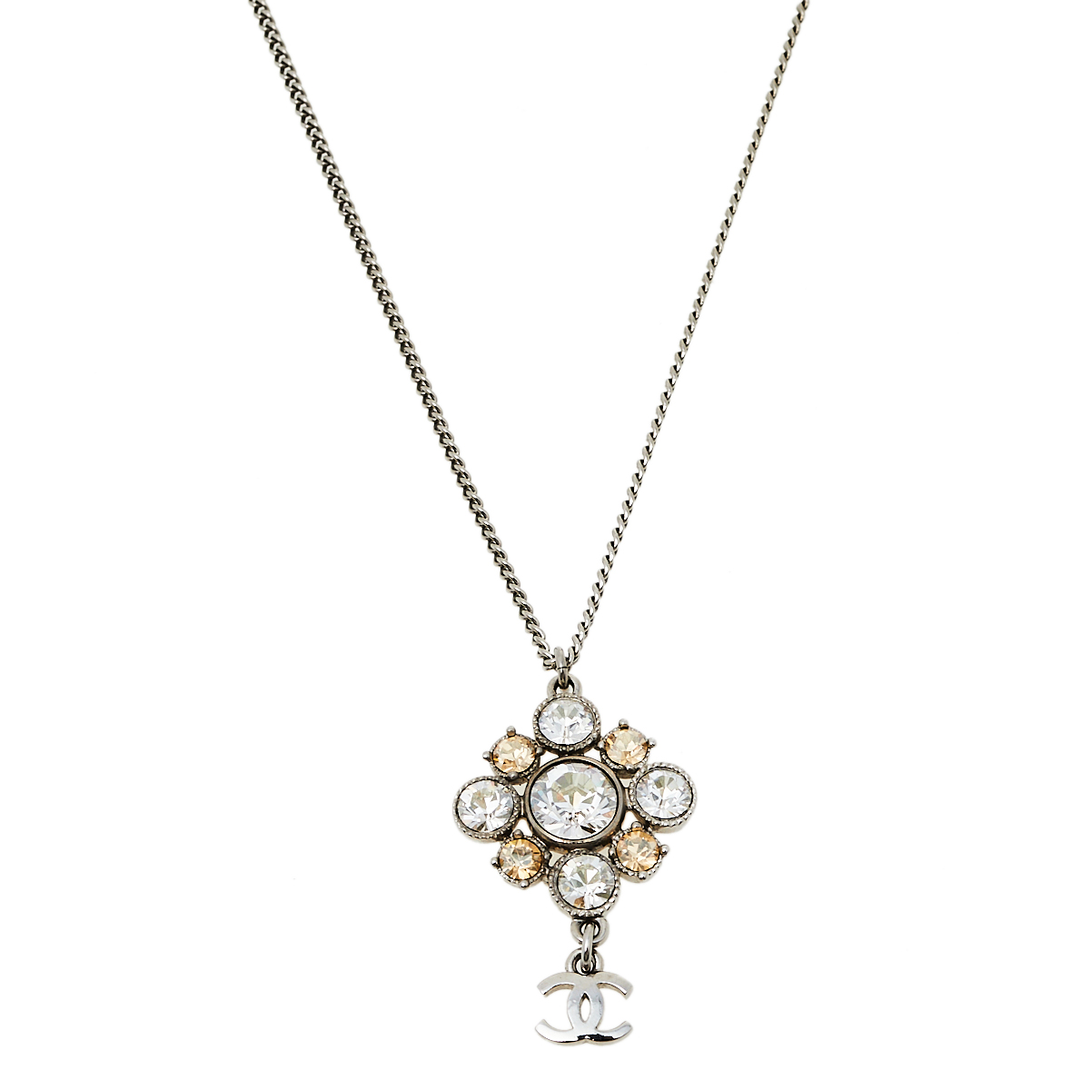 Chanel Silver Tone CC Crystal Pendant Necklace