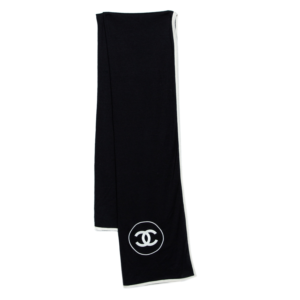 Chanel Black & Ivory CC Logo Embroidered Cashmere & Silk Knit Scarf