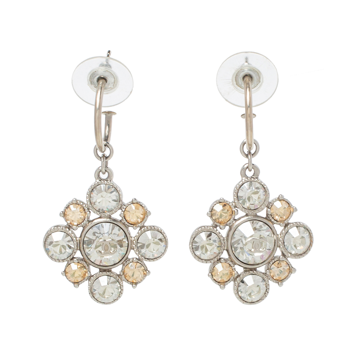 Chanel CC Floral Crystal Silver Tone Drop Earrings