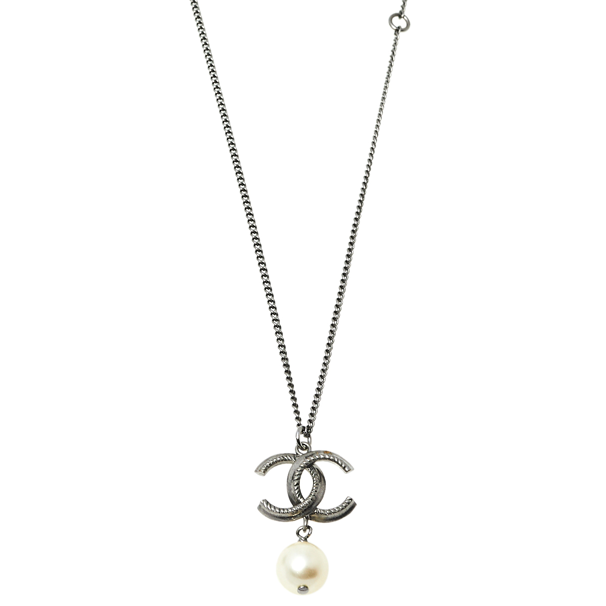 Chanel Gunmetal Tone CC Faux Pearl Drop Chain Necklace