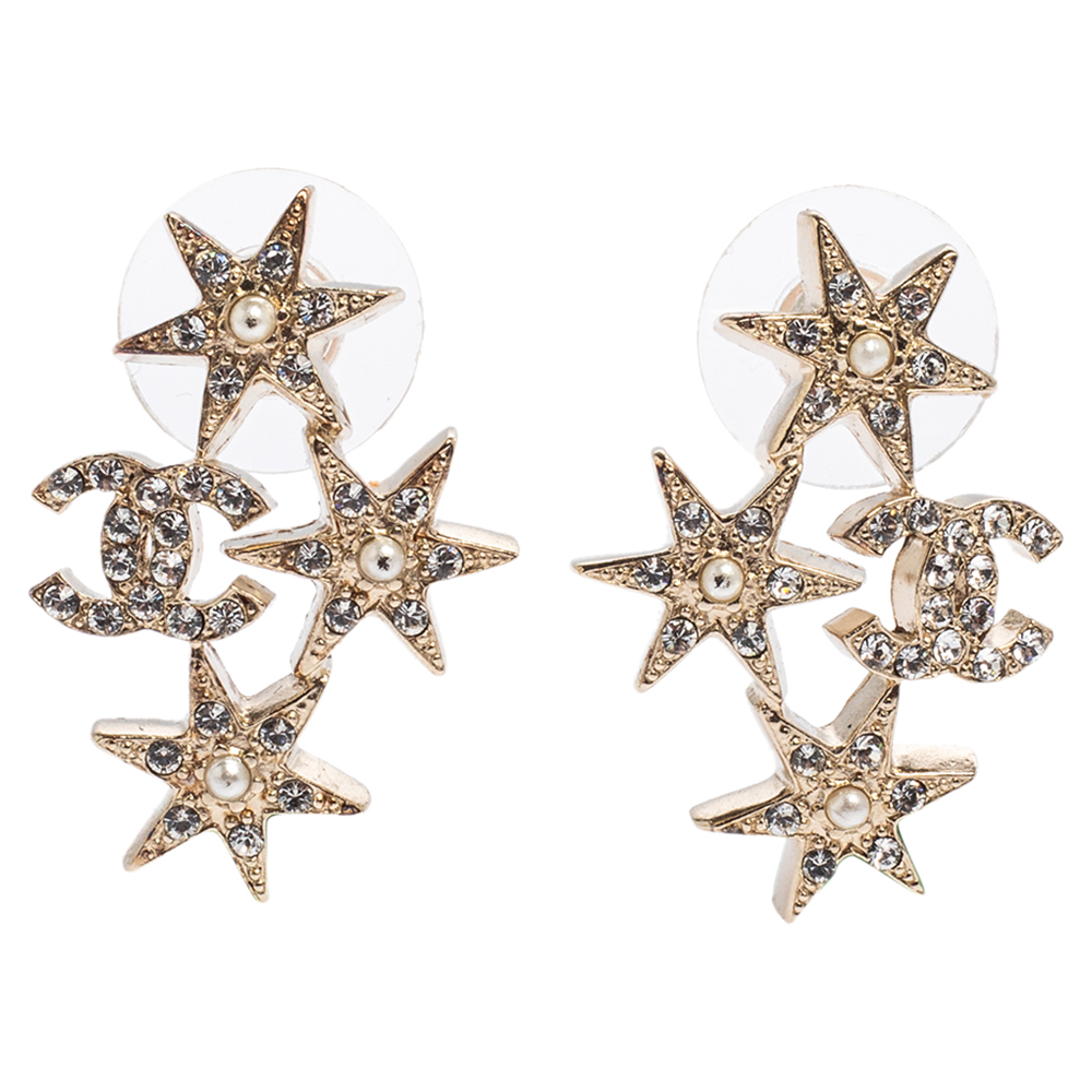 Chanel Pale Gold Tone Crystal CC Star Stud Earrings