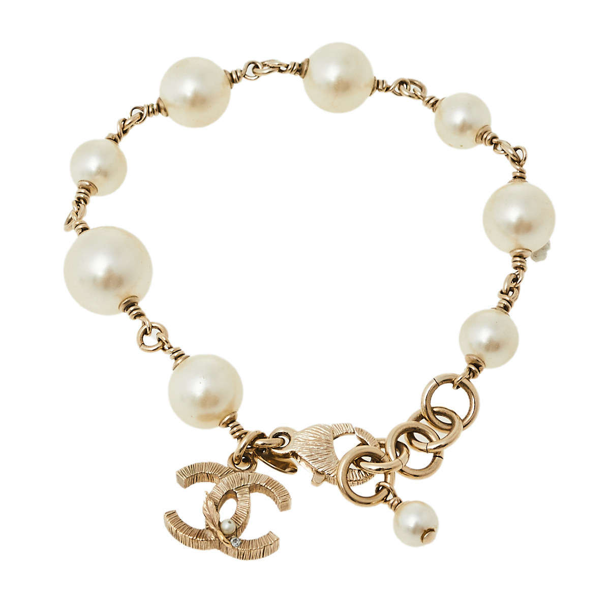 Chanel Pale Gold Tone Faux Pearl CC Charm Bracelet