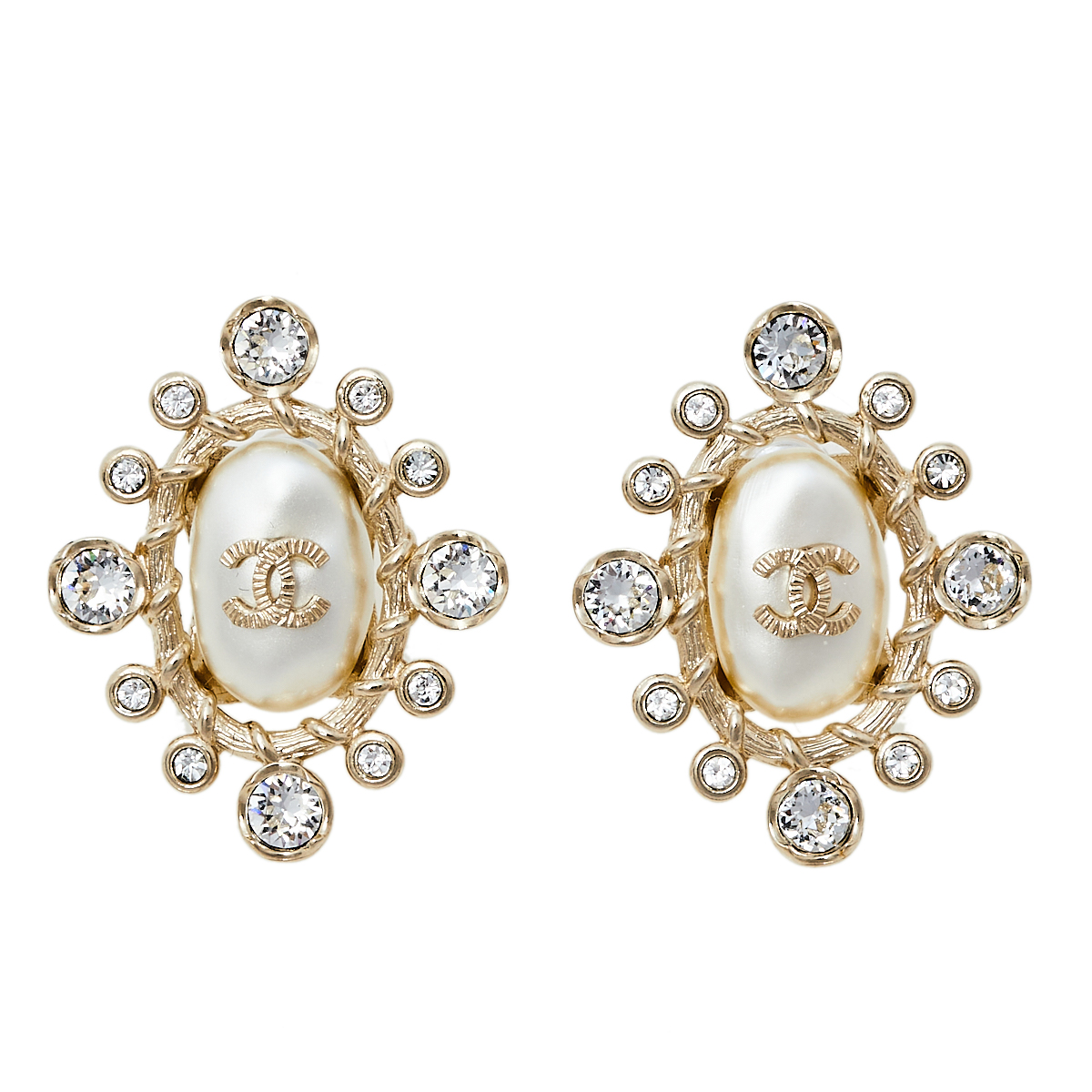 Chanel CC Faux Pearl Crystal Gold Tone Stud Earrings